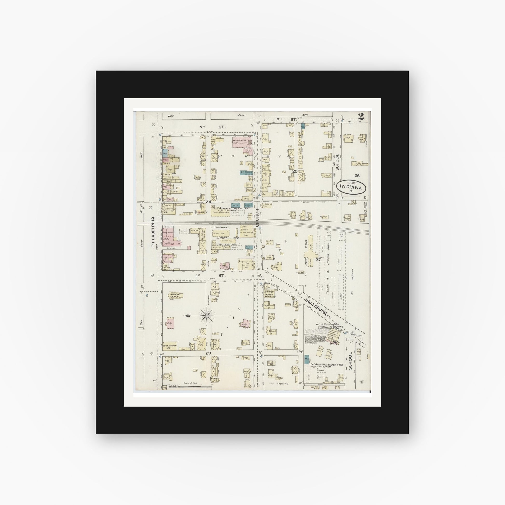 Old map wall art mockup — black gallery frame with white mat — Sanborn Fire Insurance Map from Indiana, Indiana County, Pennsylvania (1887), Sheet #0002