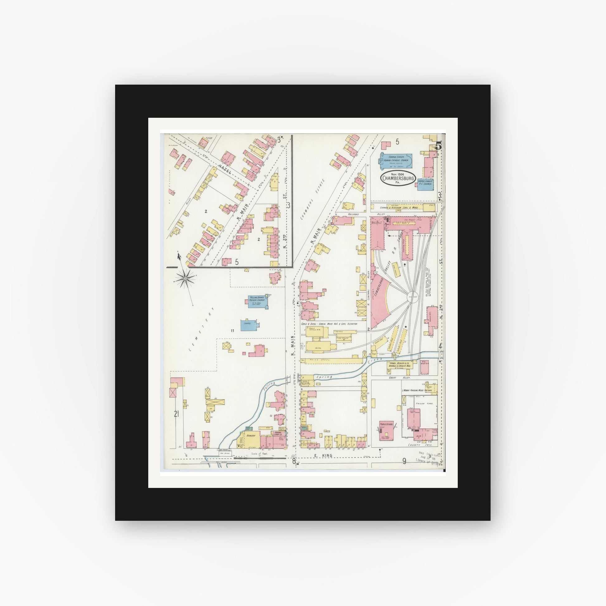 Old map wall art mockup — black gallery frame with white mat — Sanborn Fire Insurance Map from Chambersburg, Franklin County, Pennsylvania (1904), Sheet #0005