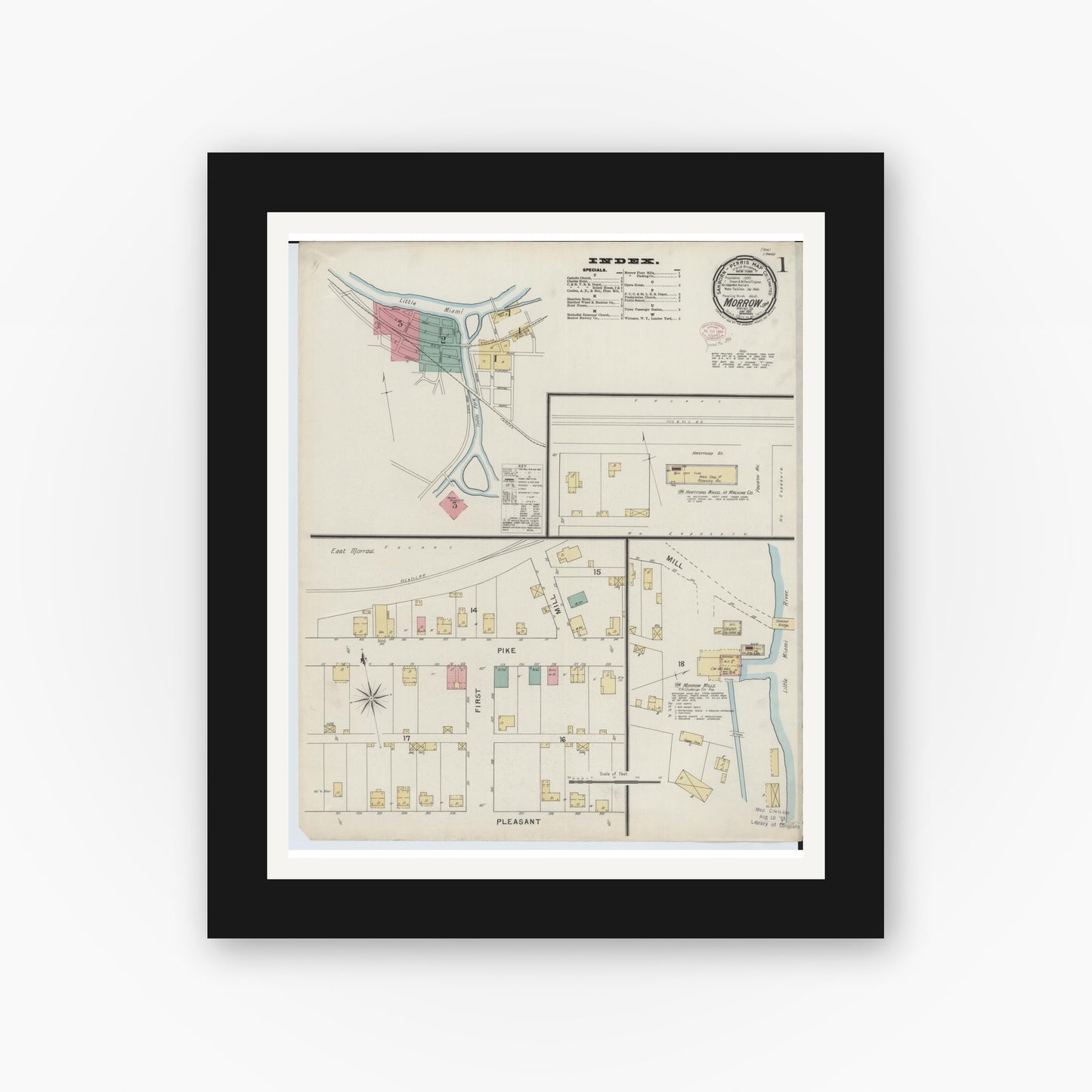 Old map wall art mockup — black gallery frame with white mat — Sanborn Fire Insurance Map from Morrow, Warren County, Ohio (1895), Sheet #0001