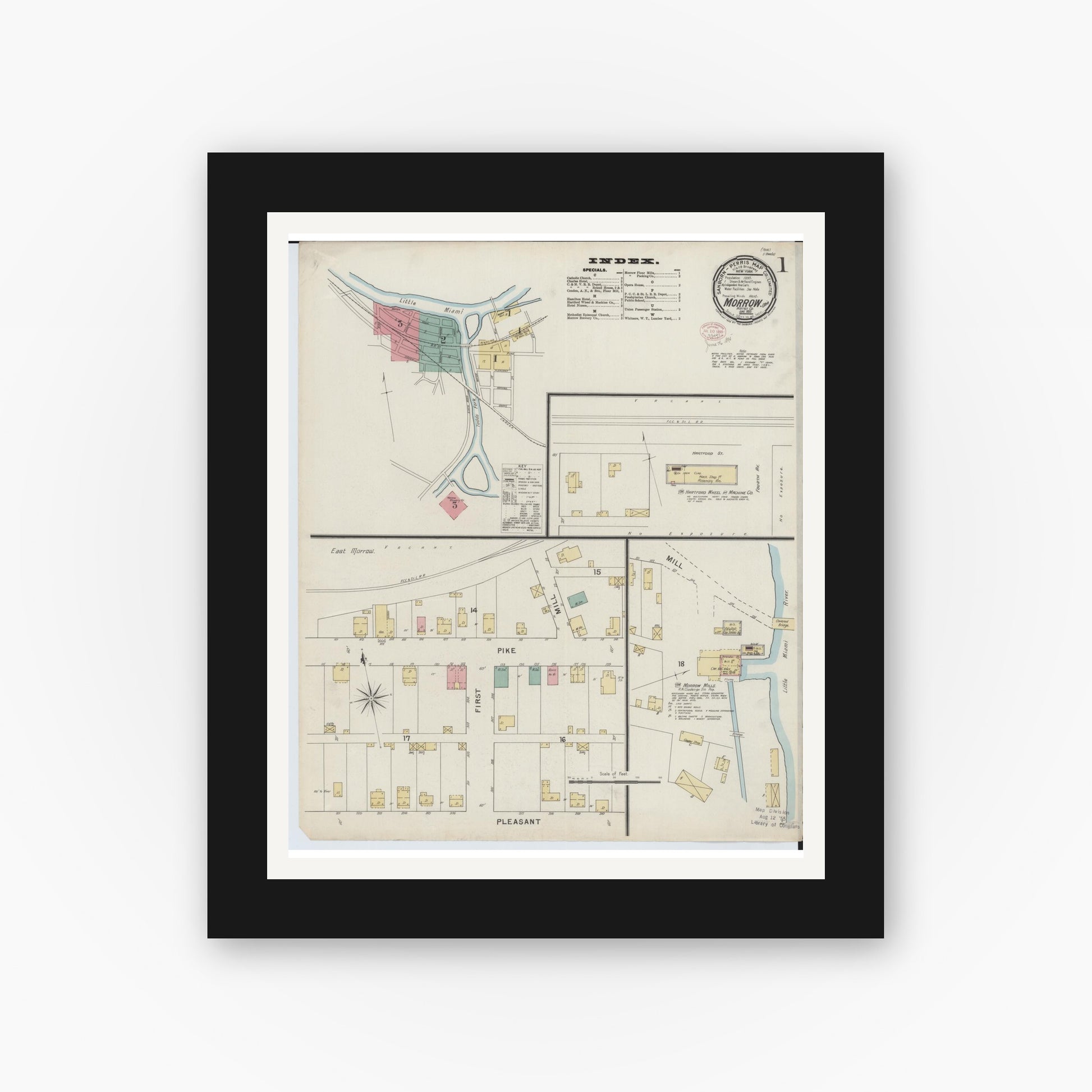 Old map wall art mockup — black gallery frame with white mat — Sanborn Fire Insurance Map from Morrow, Warren County, Ohio (1895), Sheet #0001