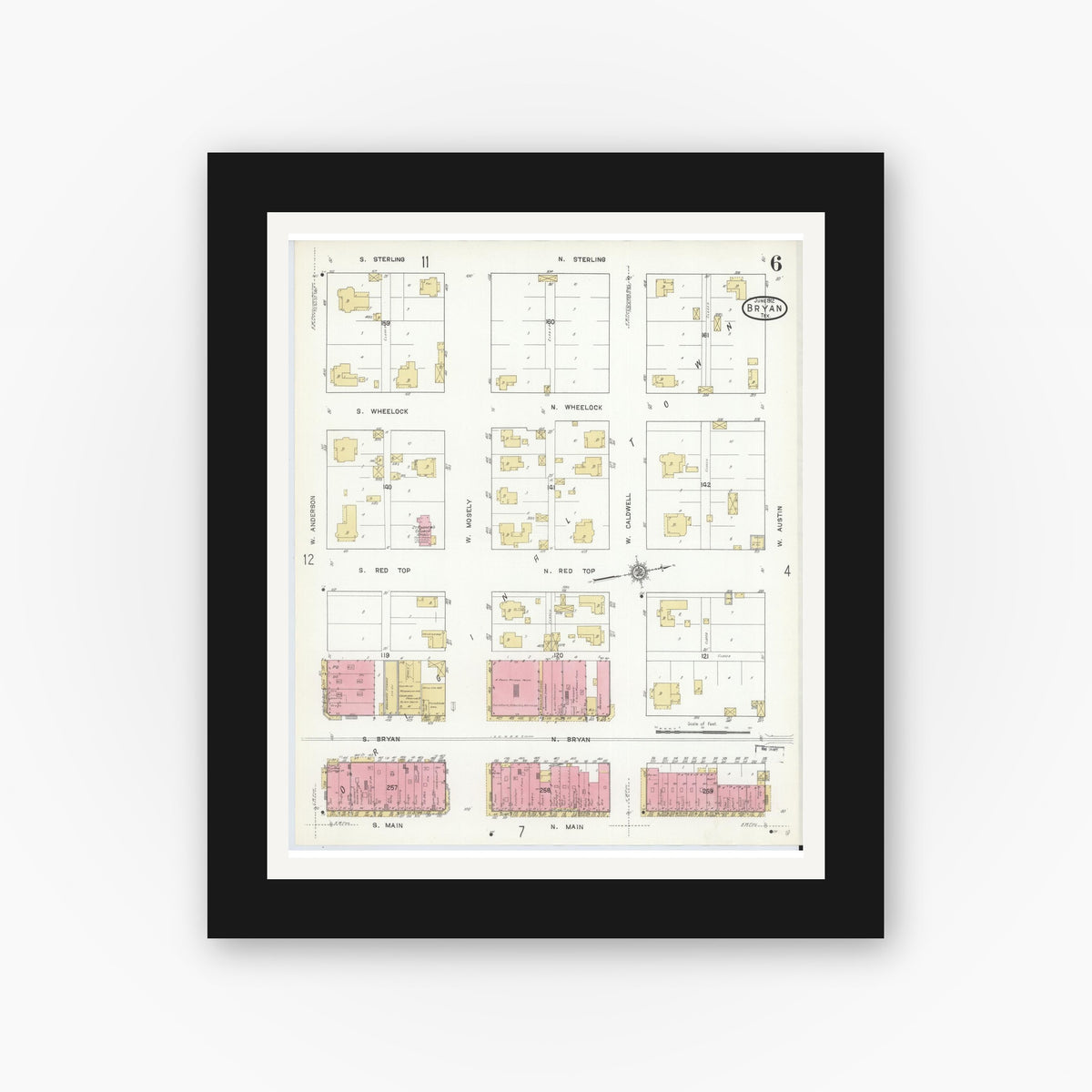 Old map wall art mockup — black gallery frame with white mat — Sanborn Fire Insurance Map from Bryan, Brazos County, Texas (1912), Sheet #0006