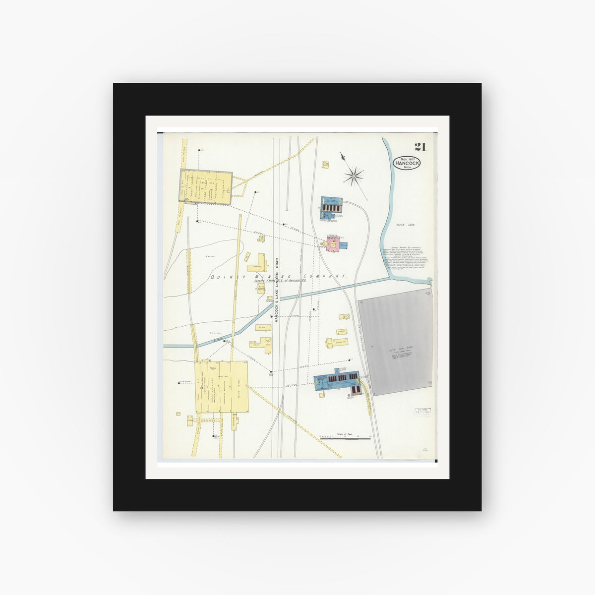 Old map wall art mockup — black gallery frame with white mat — Sanborn Fire Insurance Map from Hancock, Houghton County, Michigan (1907), Sheet #0021