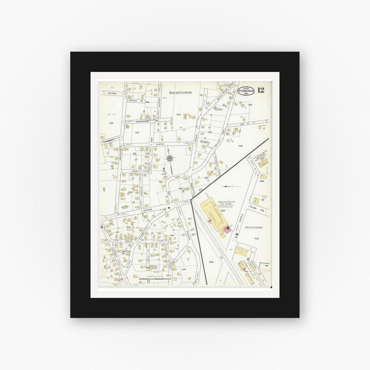Old map wall art mockup — black gallery frame with white mat — Sanborn Fire Insurance Map from Stoneham, Middlesex County, Massachusetts (1916), Sheet #0012