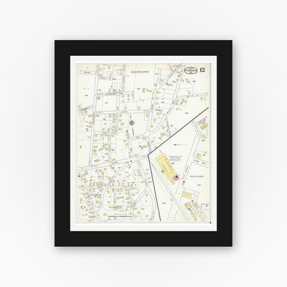 Old map wall art mockup — black gallery frame with white mat — Sanborn Fire Insurance Map from Stoneham, Middlesex County, Massachusetts (1916), Sheet #0012