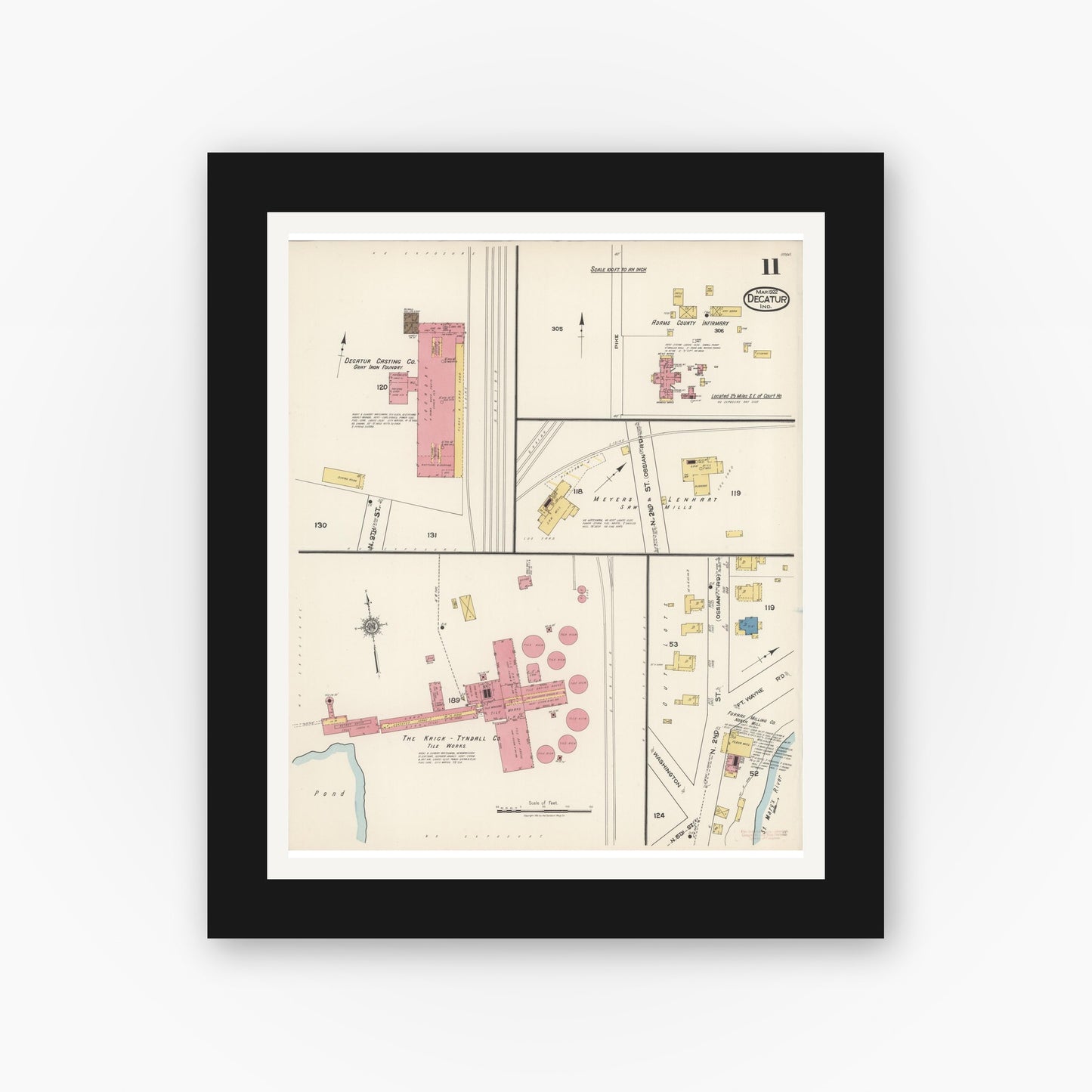 Old map wall art mockup — black gallery frame with white mat — Sanborn Fire Insurance Map from Decatur, Adams County, Indiana (1922), Sheet #0011