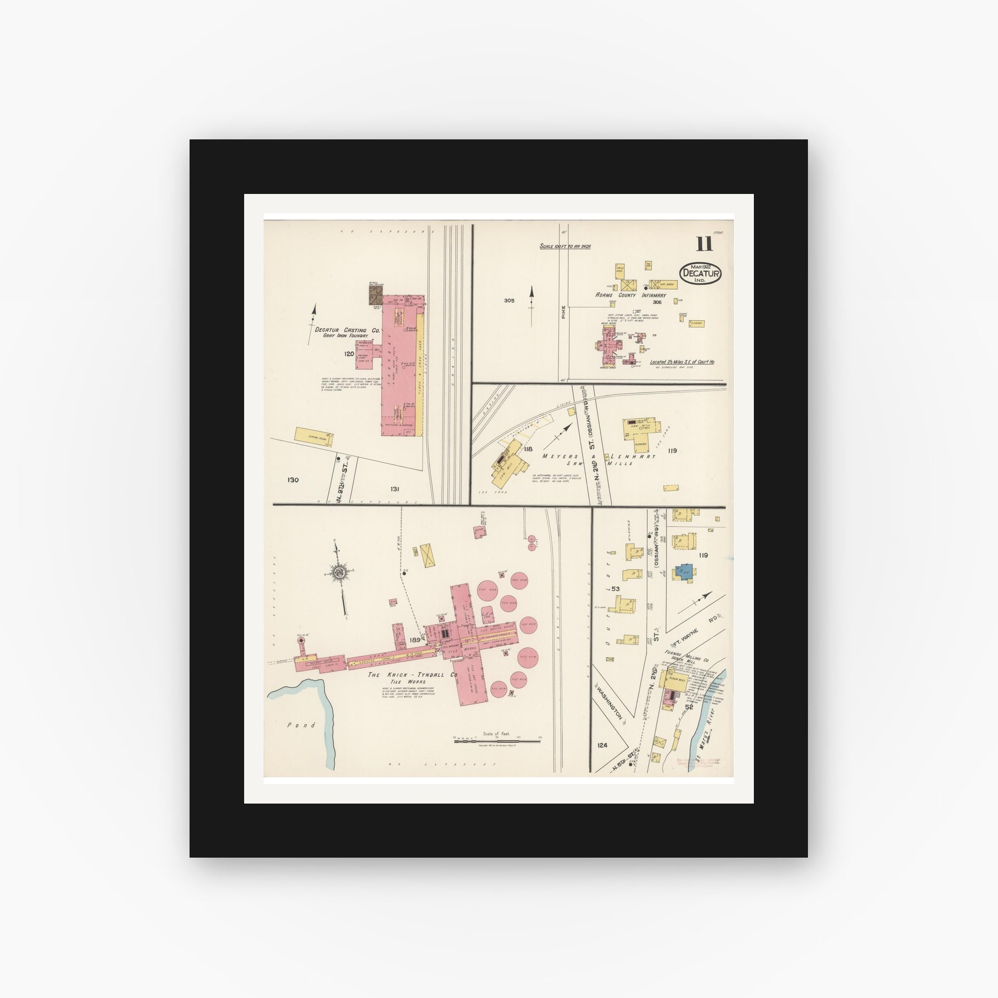 Old map wall art mockup — black gallery frame with white mat — Sanborn Fire Insurance Map from Decatur, Adams County, Indiana (1922), Sheet #0011