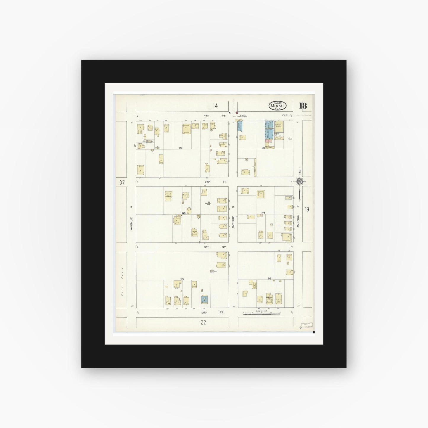 Old map wall art mockup — black gallery frame with white mat — Sanborn Fire Insurance Map from Miami, Dade County, Florida (1914), Sheet #0018