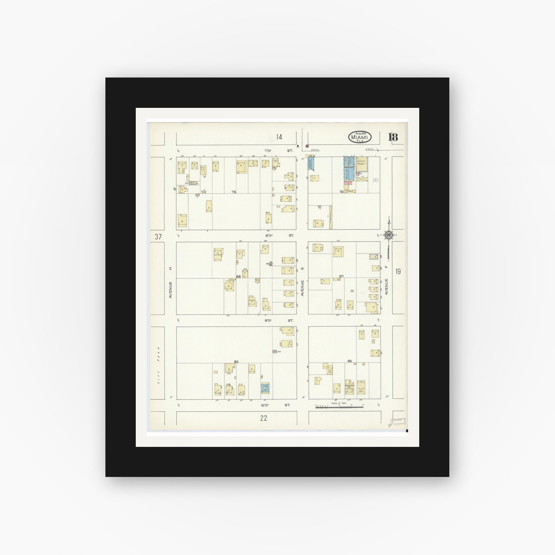 Old map wall art mockup — black gallery frame with white mat — Sanborn Fire Insurance Map from Miami, Dade County, Florida (1914), Sheet #0018