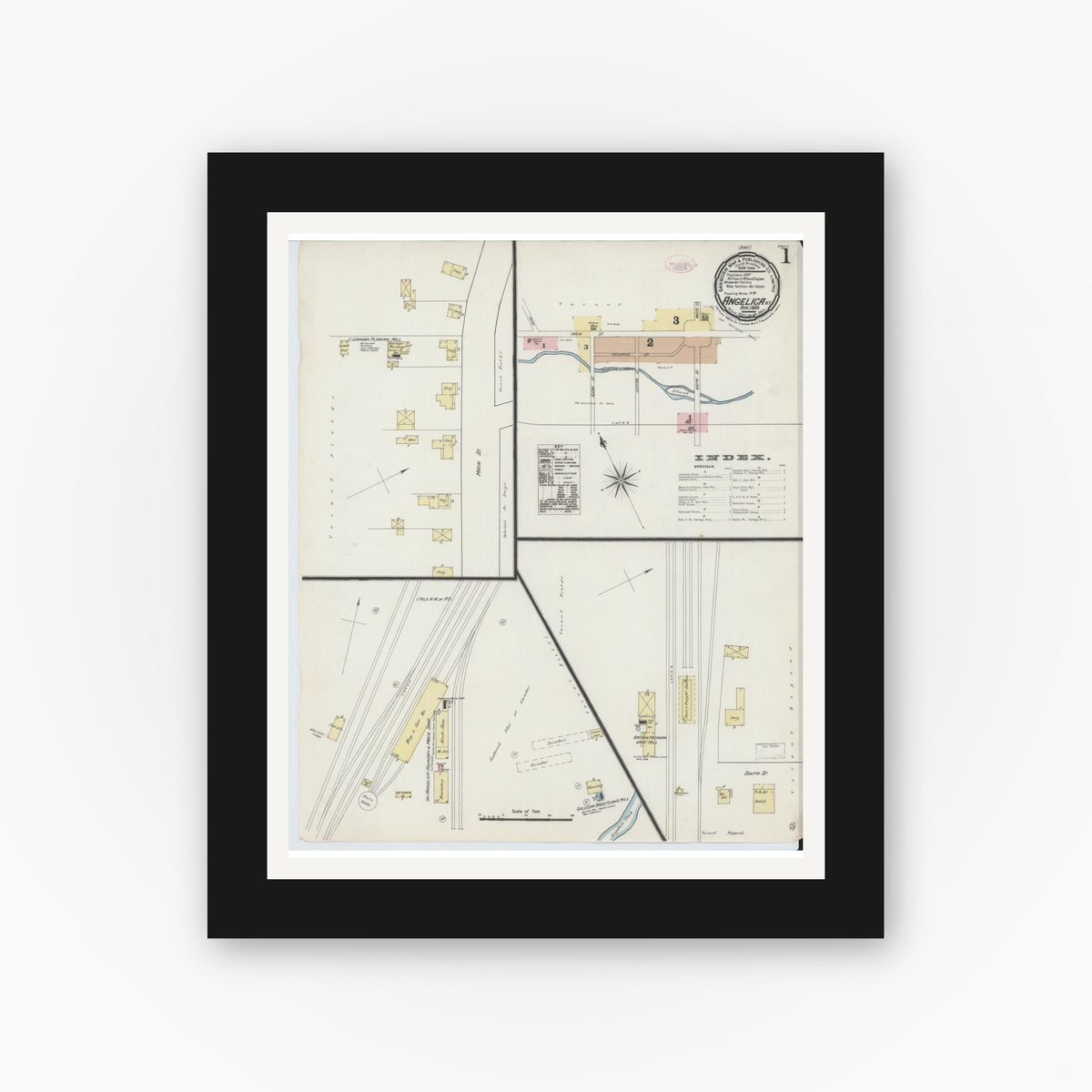 Old map wall art mockup — black gallery frame with white mat — Sanborn Fire Insurance Map from Angelica, Allegany County, New York (1888) - Complete Map Set