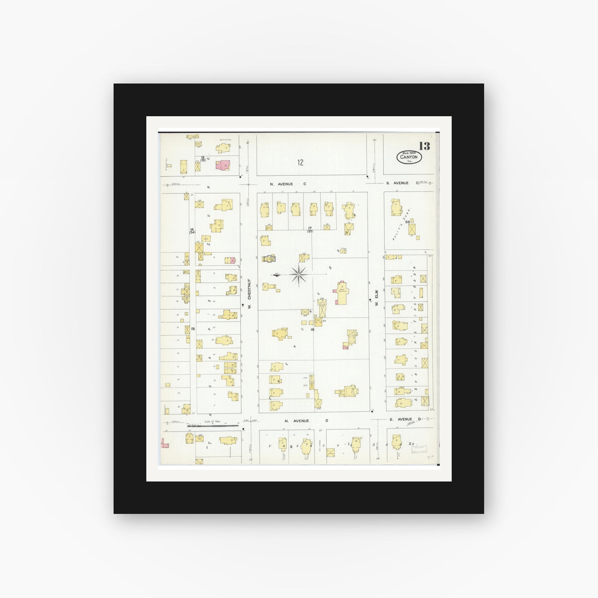 Old map wall art mockup — black gallery frame with white mat — Sanborn Fire Insurance Map from Canton, Fulton County, Illinois (1909), Sheet #0013
