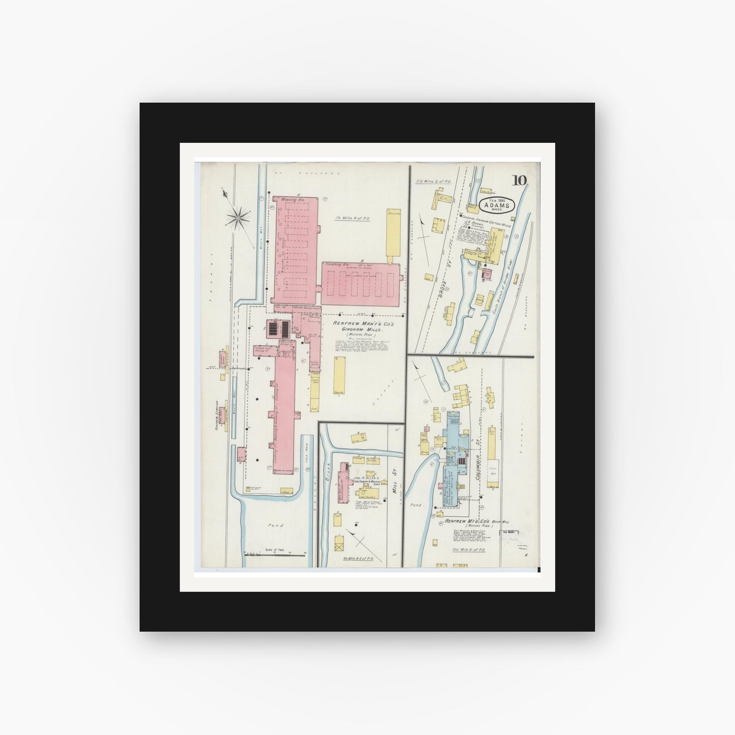 Old map wall art mockup — black gallery frame with white mat — Sanborn Fire Insurance Map from Adams, Berkshire County, Massachusetts (1895), Sheet #0010