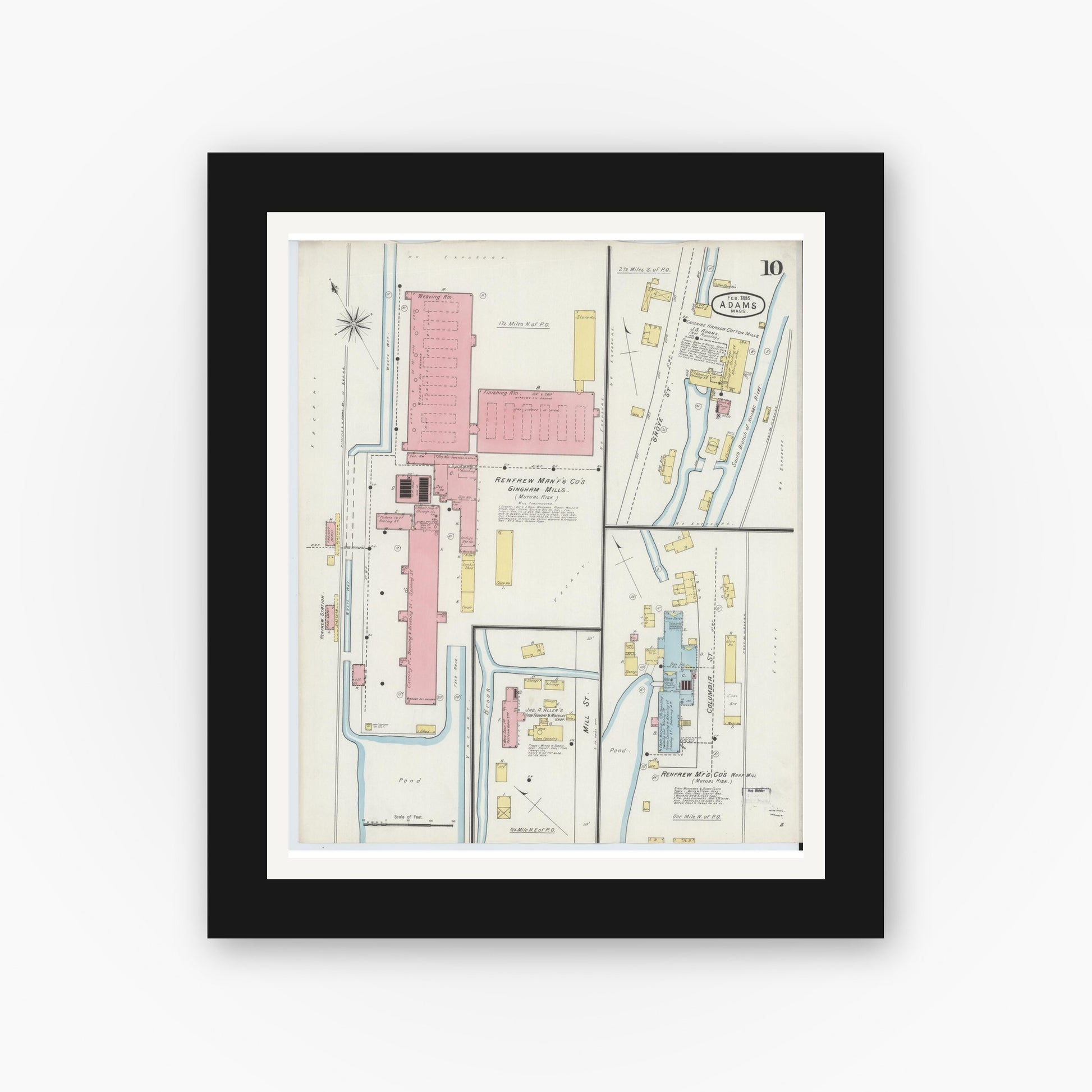 Old map wall art mockup — black gallery frame with white mat — Sanborn Fire Insurance Map from Adams, Berkshire County, Massachusetts (1895), Sheet #0010