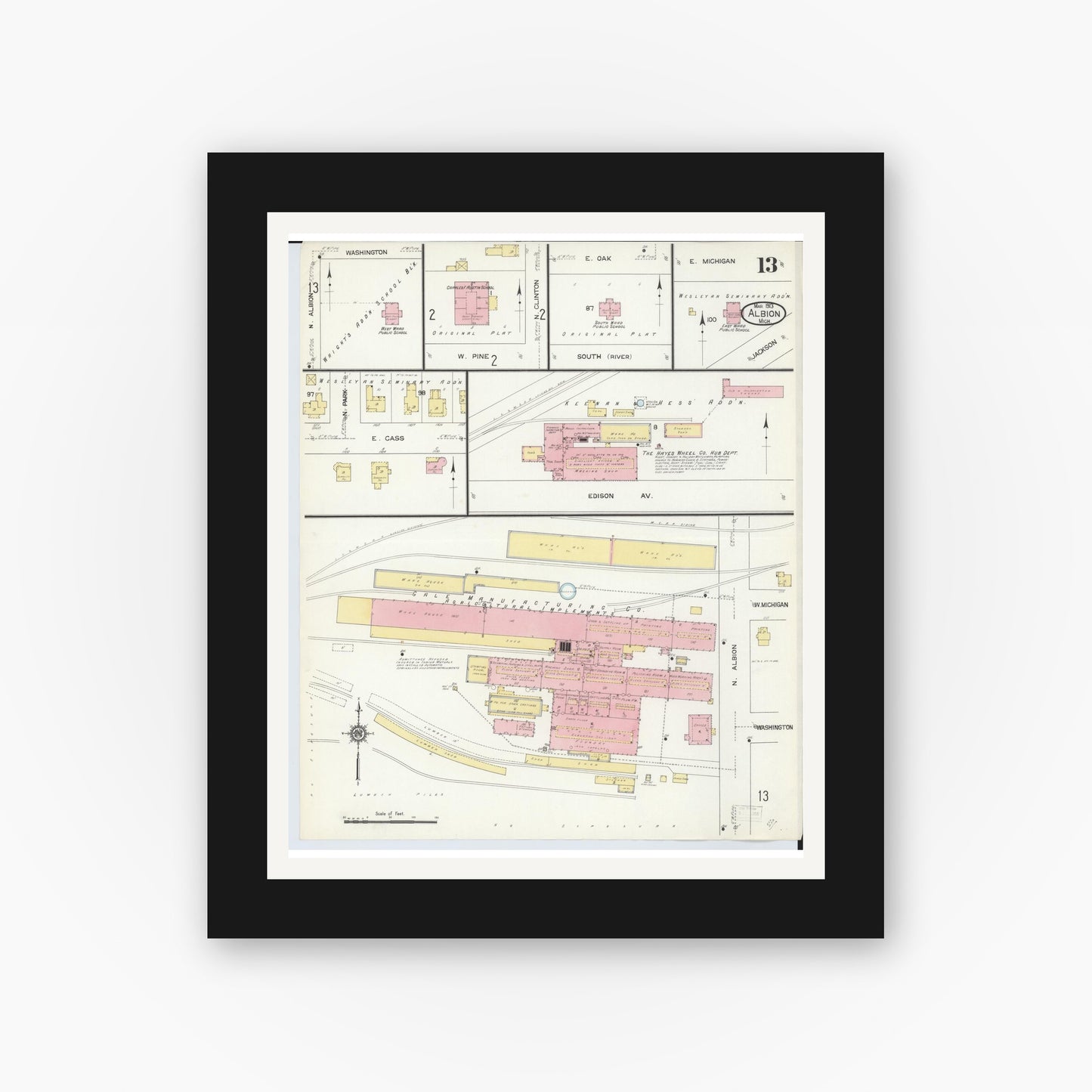 Old map wall art mockup — black gallery frame with white mat — Sanborn Fire Insurance Map from Albion, Calhoun County, Michigan (1913), Sheet #0013