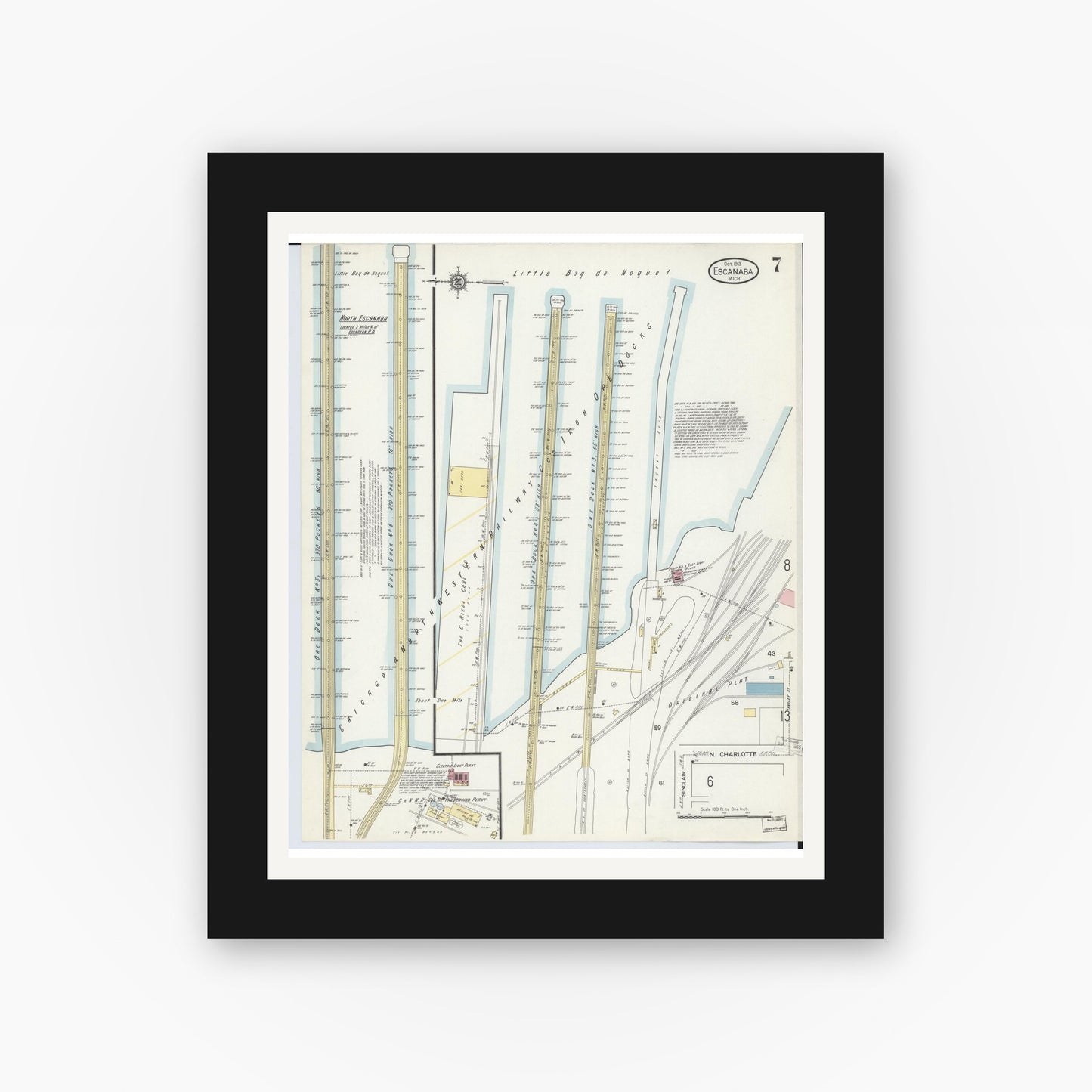 Old map wall art mockup — black gallery frame with white mat — Sanborn Fire Insurance Map from Escanaba, Delta County, Michigan (1913), Sheet #0007