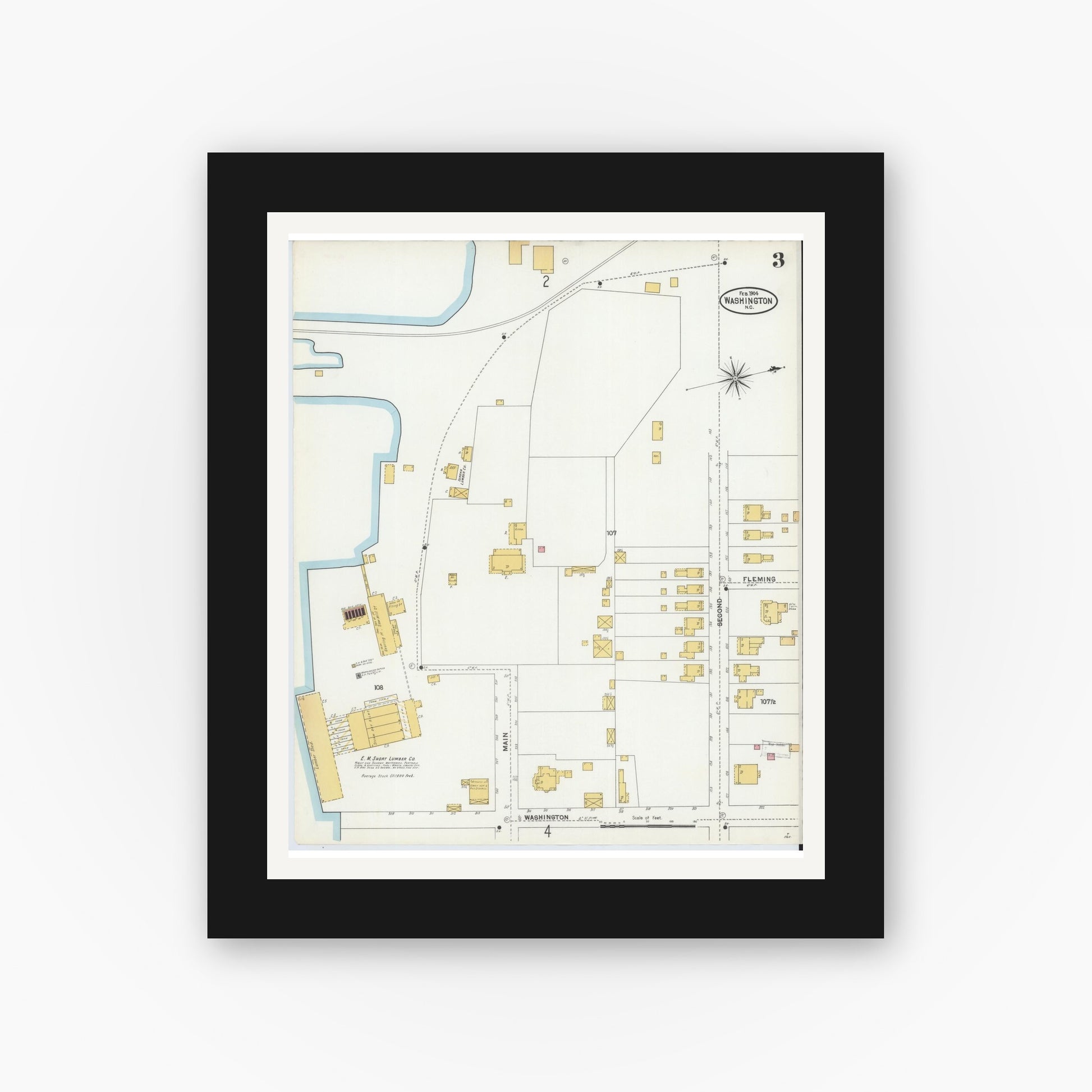 Old map wall art mockup — black gallery frame with white mat — Sanborn Fire Insurance Map from Washington, Beaufort County, North Carolina (1904), Sheet #0003