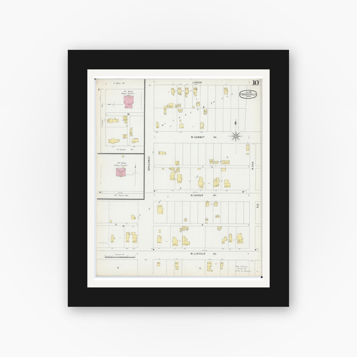 Old map wall art mockup — black gallery frame with white mat — Sanborn Fire Insurance Map from Fergus Falls, Otter Tail County, Minnesota (1896), Sheet #0010