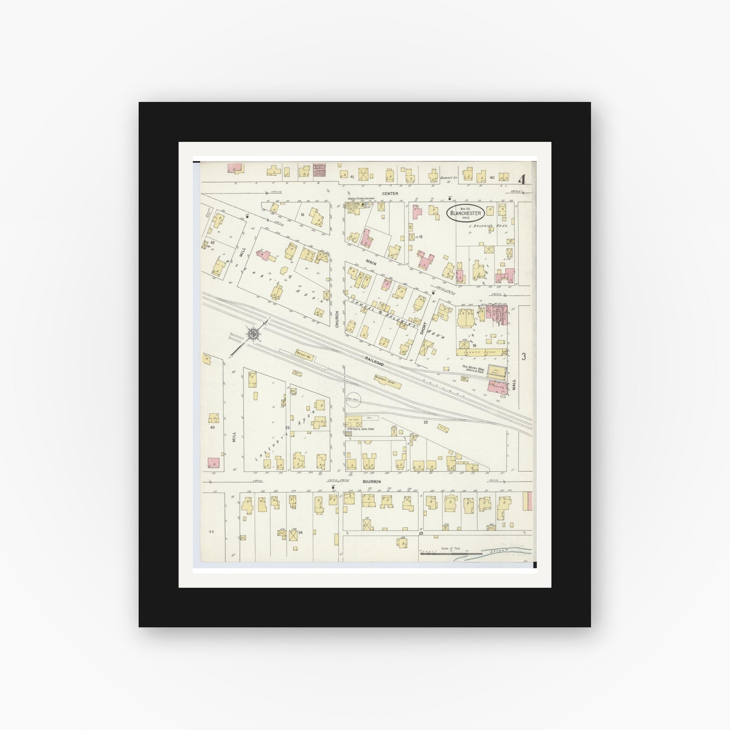 Old map wall art mockup — black gallery frame with white mat — Sanborn Fire Insurance Map from Blanchester, Clinton County, Ohio (1911), Sheet #0004
