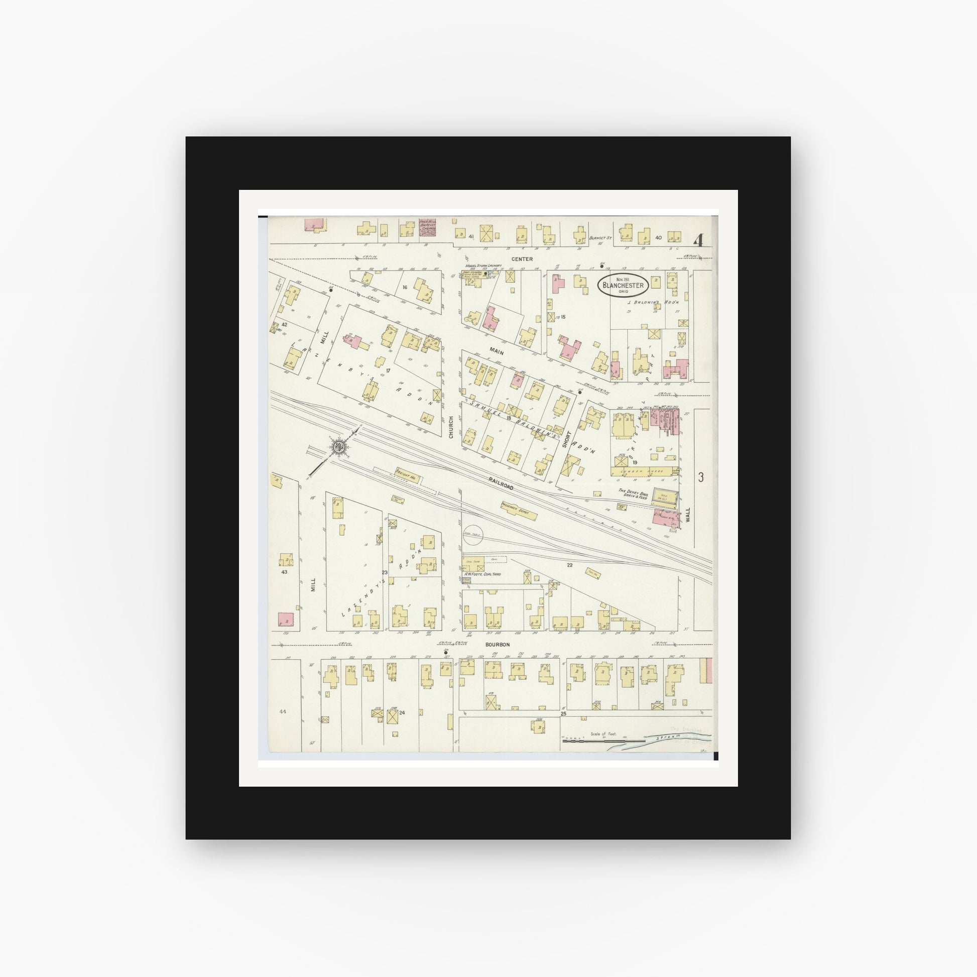 Old map wall art mockup — black gallery frame with white mat — Sanborn Fire Insurance Map from Blanchester, Clinton County, Ohio (1911), Sheet #0004