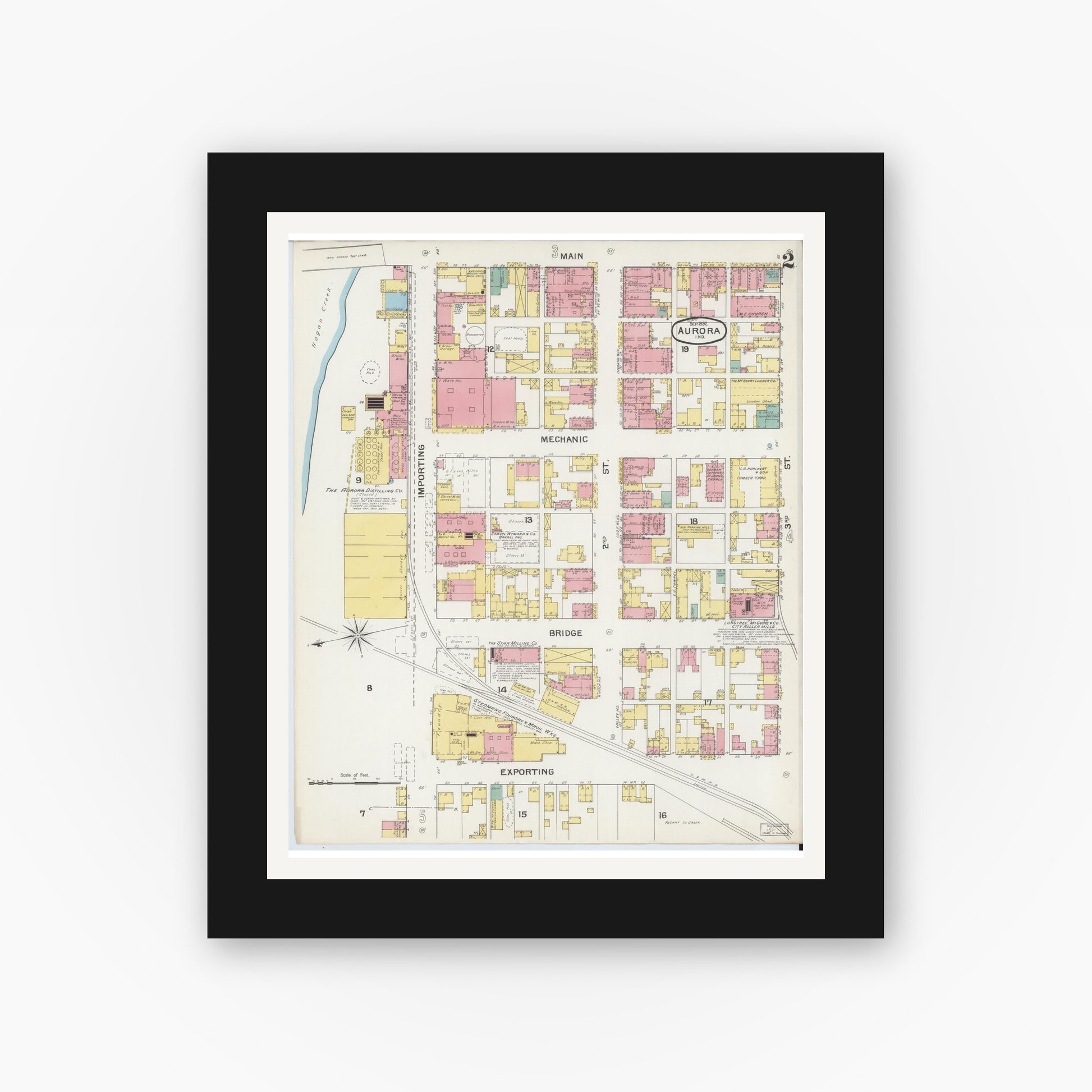 Old map wall art mockup — black gallery frame with white mat — Sanborn Fire Insurance Map from Aurora, Dearborn County, Indiana (1892), Sheet #0002