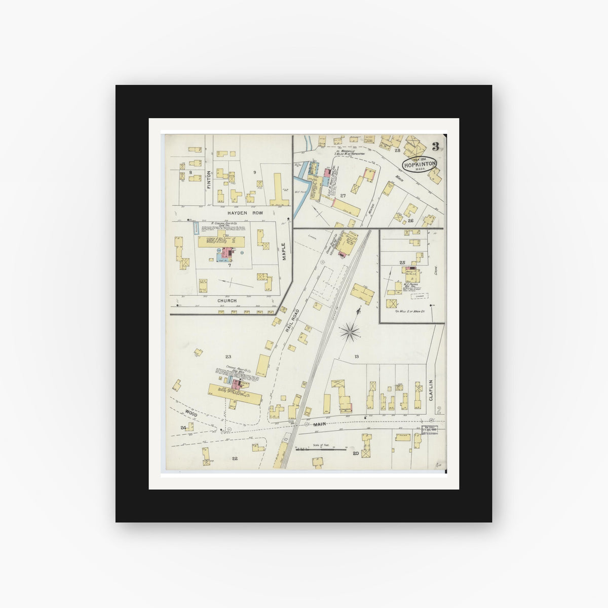 Old map wall art mockup — black gallery frame with white mat — Sanborn Fire Insurance Map from Hopkinton, Middlesex County, Massachusetts (1894), Sheet #0003