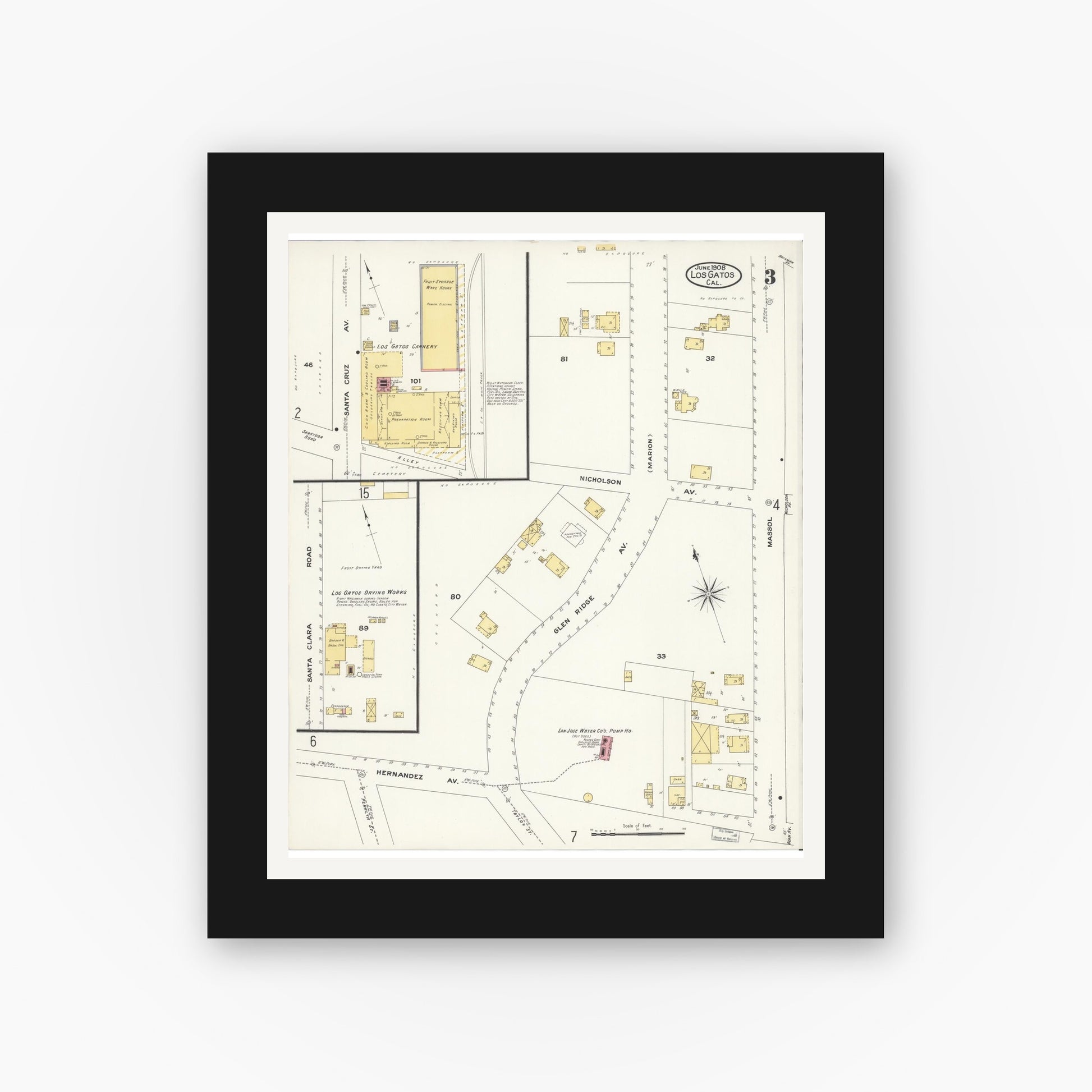 Old map wall art mockup — black gallery frame with white mat — Sanborn Fire Insurance Map from Los Gatos, Santa Clara County, California (1908), Sheet #0003