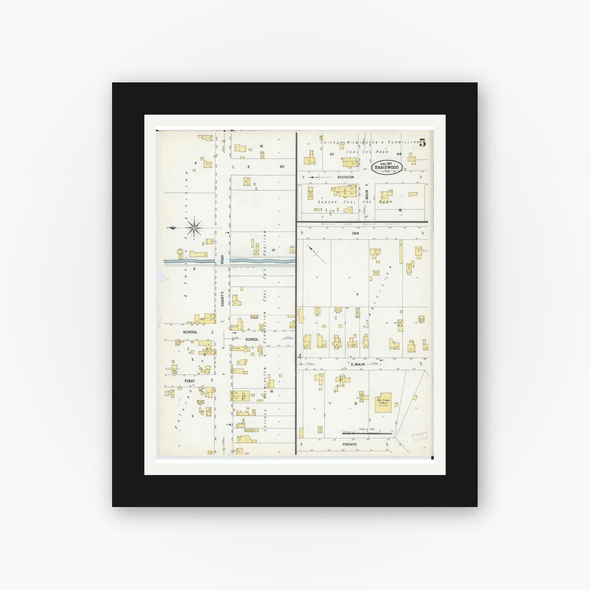 Old map wall art mockup — black gallery frame with white mat — Sanborn Fire Insurance Map from Braidwood, Will County, Illinois (1907), Sheet #0005