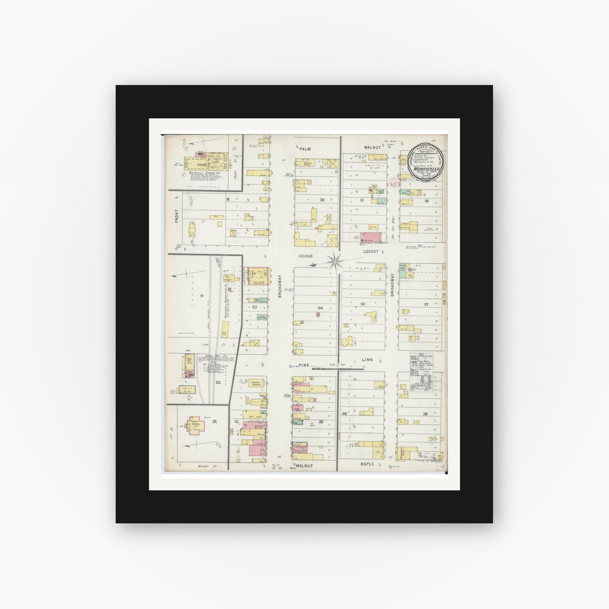 Old map wall art mockup — black gallery frame with white mat — Sanborn Fire Insurance Map from Monticello, Wright County, Minnesota (1895), Sheet #0001