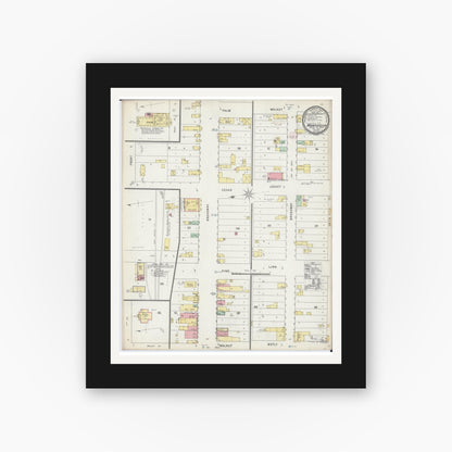 Old map wall art mockup — black gallery frame with white mat — Sanborn Fire Insurance Map from Monticello, Wright County, Minnesota (1895), Sheet #0001
