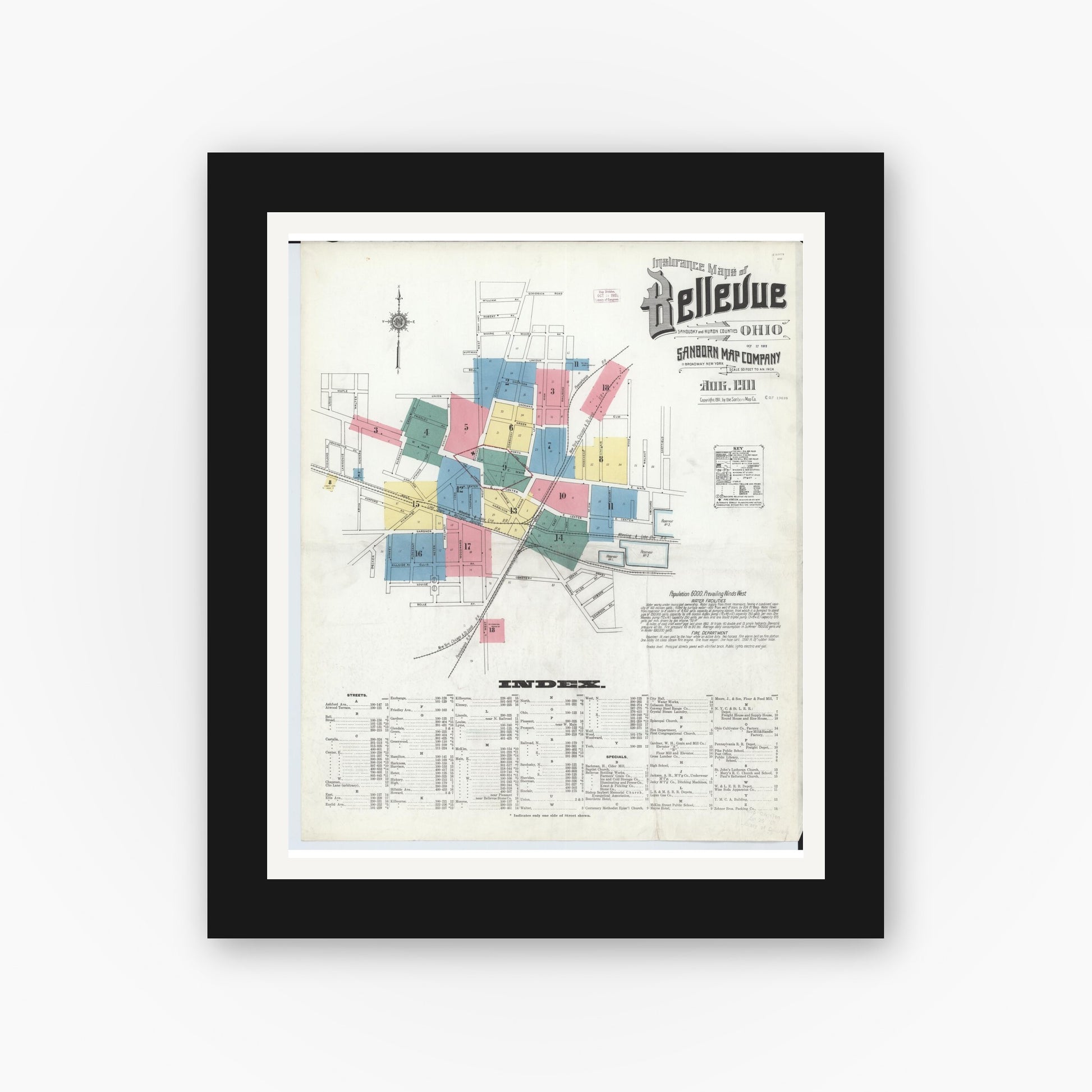 Old map wall art mockup — black gallery frame with white mat — Sanborn Fire Insurance Map from Bellevue, Huron And Sandusky County, Ohio (1911), Sheet #0001
