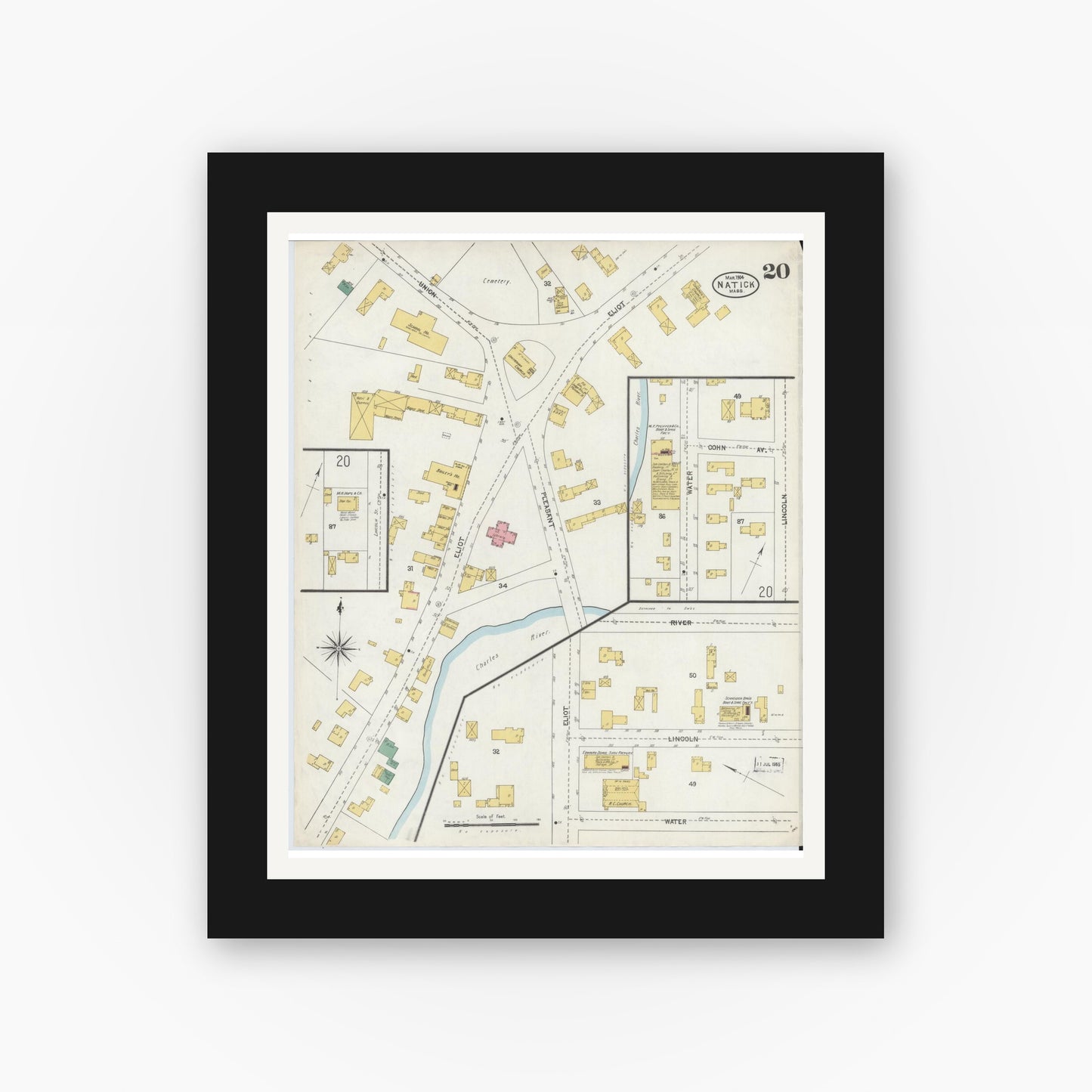 Old map wall art mockup — black gallery frame with white mat — Sanborn Fire Insurance Map from Natick, Middlesex County, Massachusetts (1904), Sheet #0020