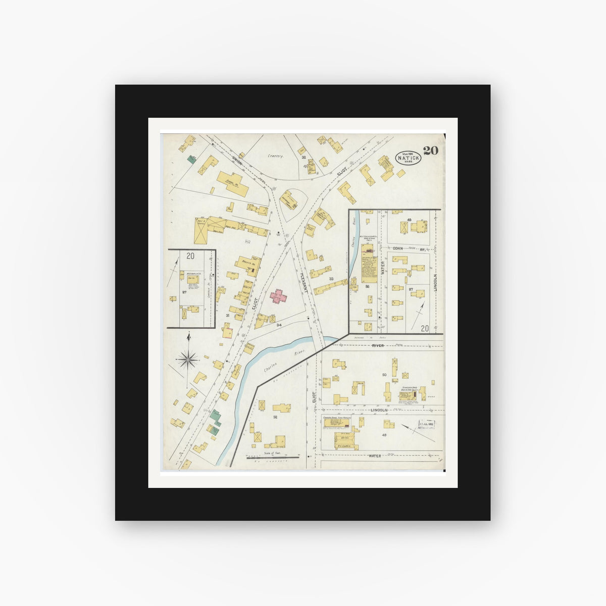 Old map wall art mockup — black gallery frame with white mat — Sanborn Fire Insurance Map from Natick, Middlesex County, Massachusetts (1904), Sheet #0020