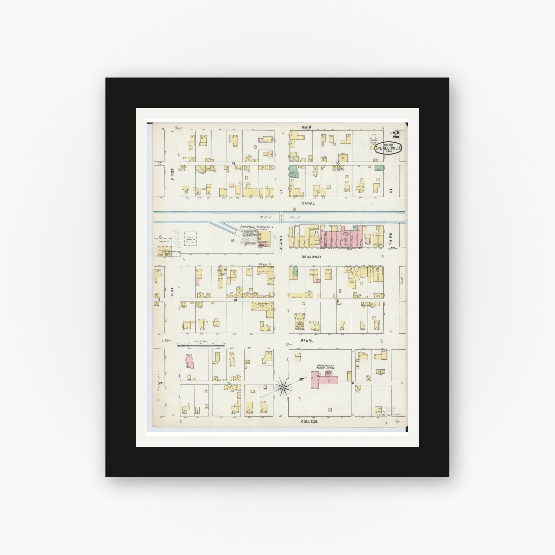 Old map wall art mockup — black gallery frame with white mat — Sanborn Fire Insurance Map from Spencerville, Allen County, Ohio (1895), Sheet #0002