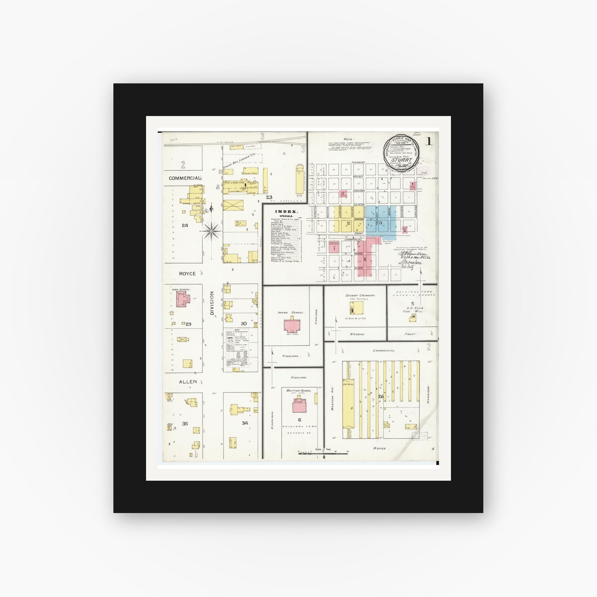 Old map wall art mockup — black gallery frame with white mat — Sanborn Fire Insurance Map from Stuart, Guthrie and Adair Counties, Iowa (1894) â€” Complete Set
