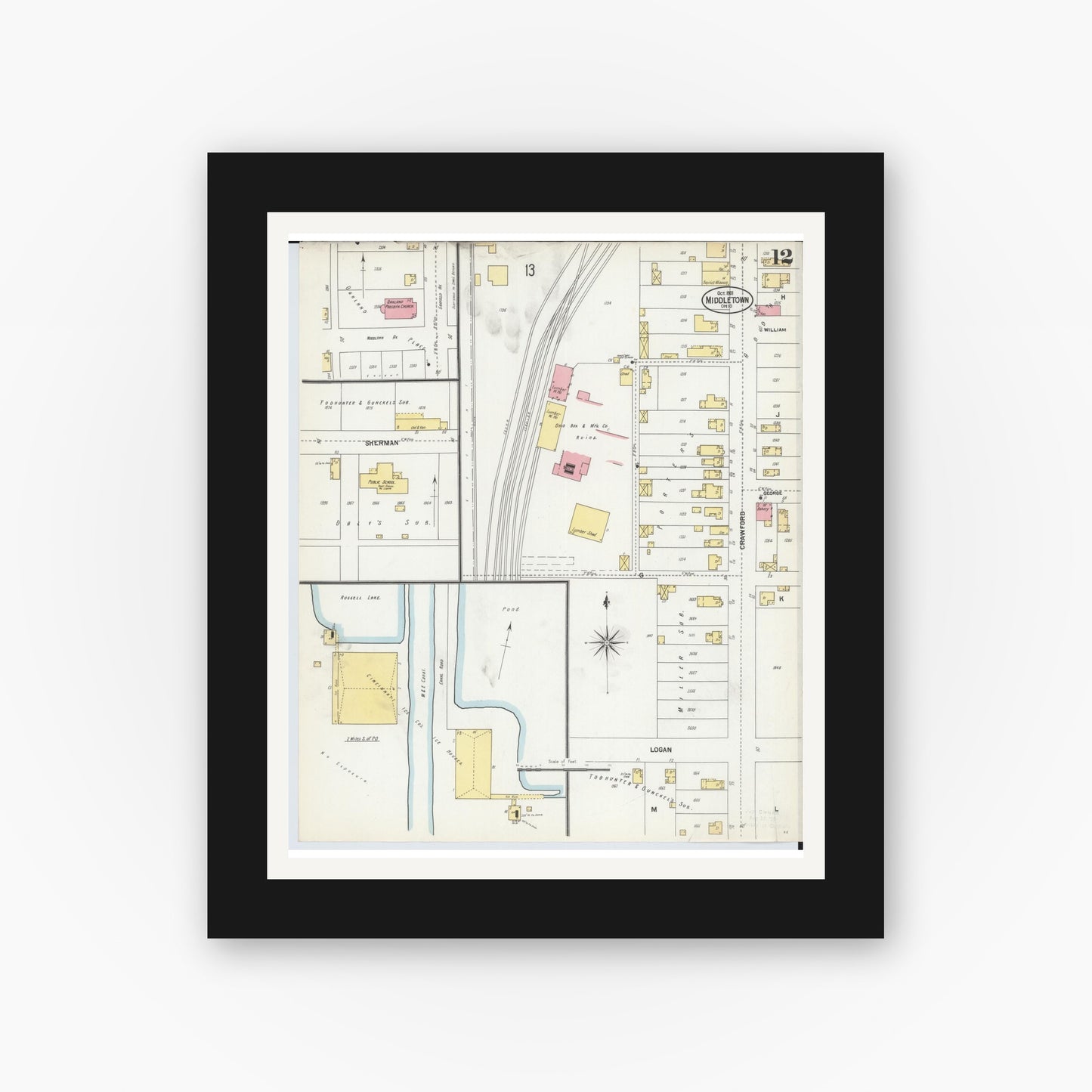 Old map wall art mockup — black gallery frame with white mat — Sanborn Fire Insurance Map from Middletown, Butler County, Ohio (1901), Sheet #0012