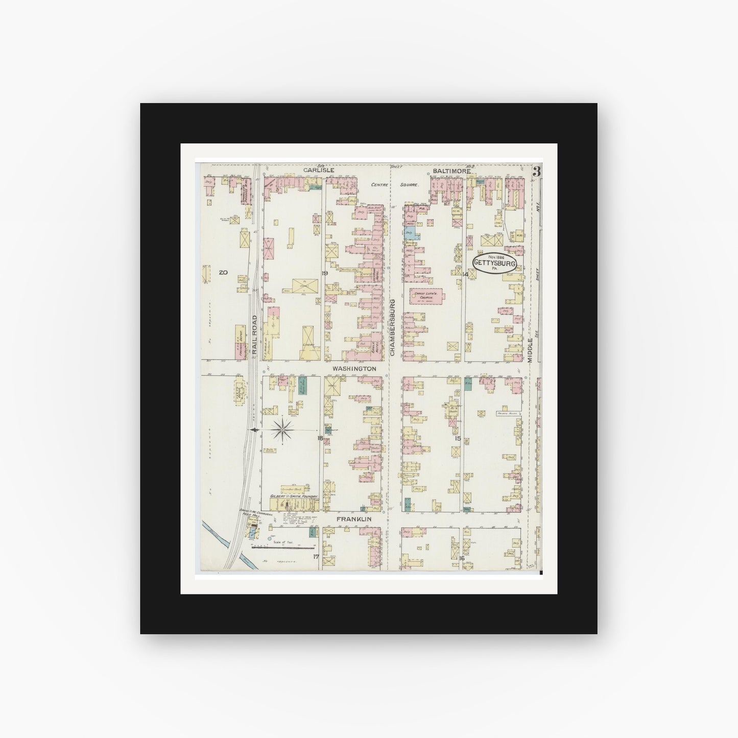 Old map wall art mockup — black gallery frame with white mat — Sanborn Fire Insurance Map from Gettysburg, Adams County, Pennsylvania (1886), Sheet #0003