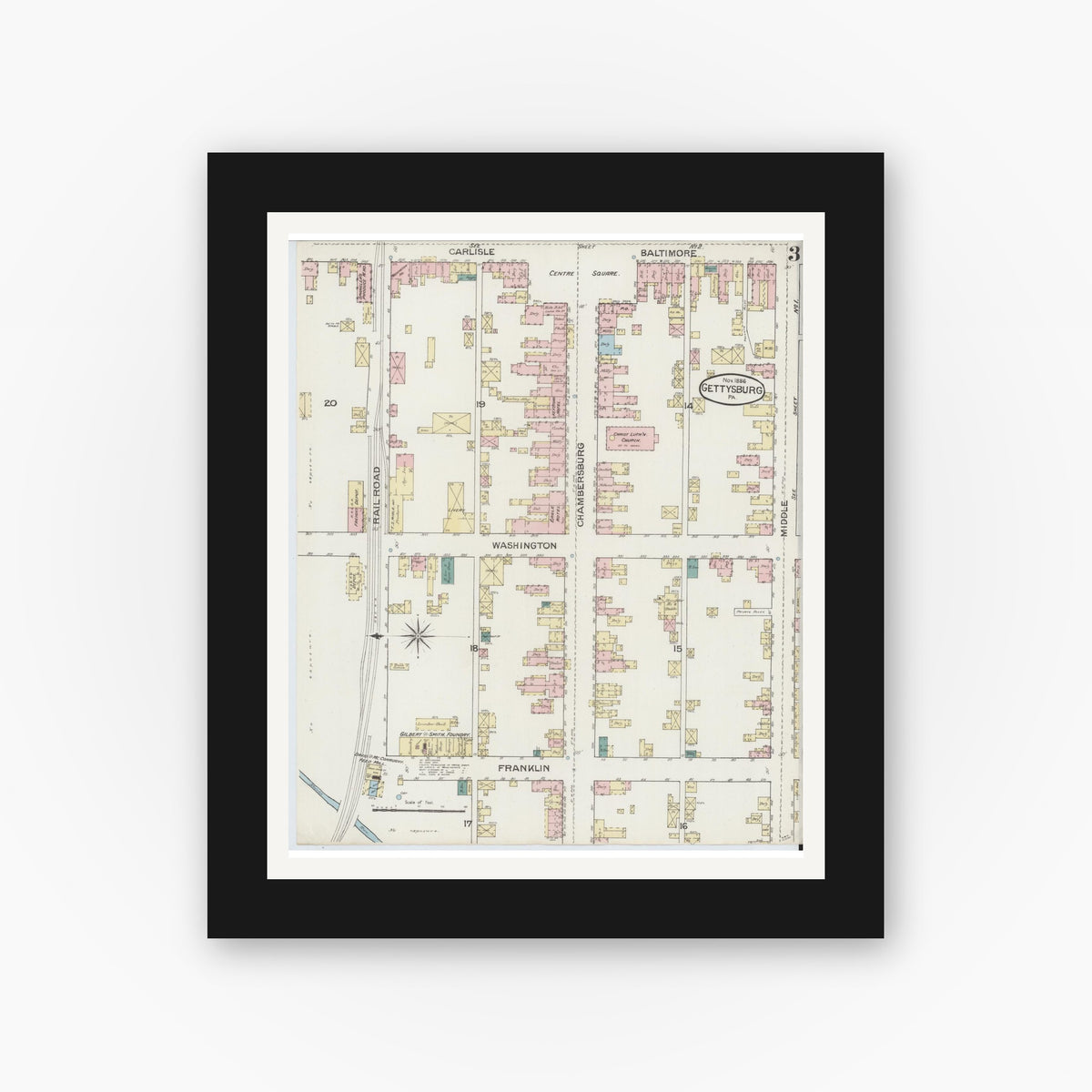 Old map wall art mockup — black gallery frame with white mat — Sanborn Fire Insurance Map from Gettysburg, Adams County, Pennsylvania (1886), Sheet #0003