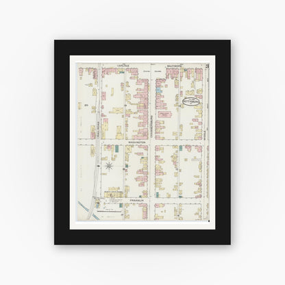 Old map wall art mockup — black gallery frame with white mat — Sanborn Fire Insurance Map from Gettysburg, Adams County, Pennsylvania (1886), Sheet #0003