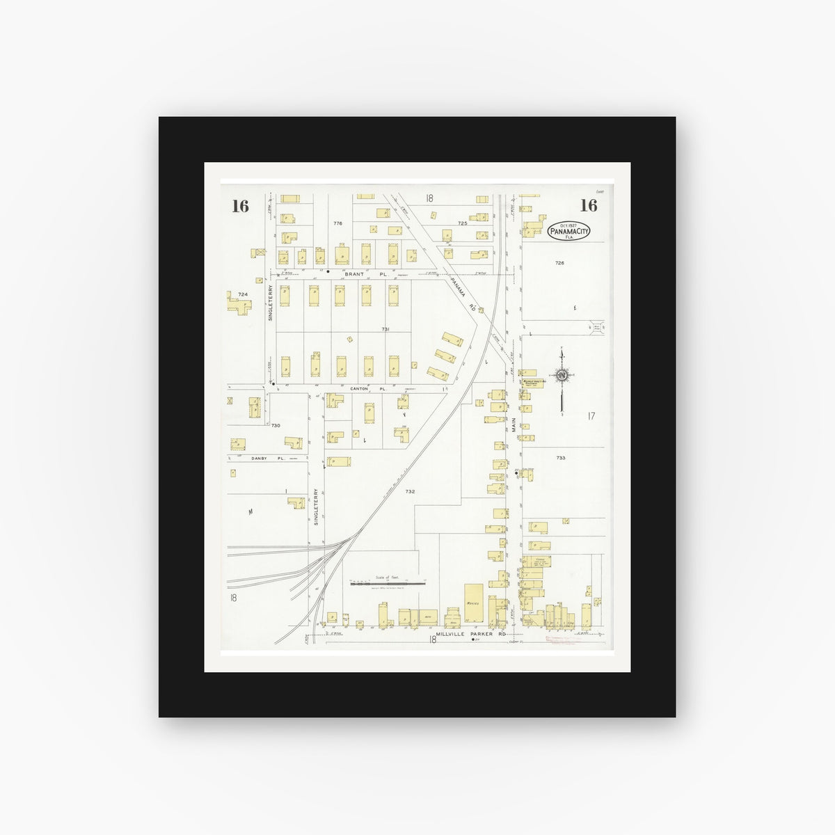 Old map wall art mockup — black gallery frame with white mat — Sanborn Fire Insurance Map from Panama City, Bay County, Florida (1927), Sheet #0016