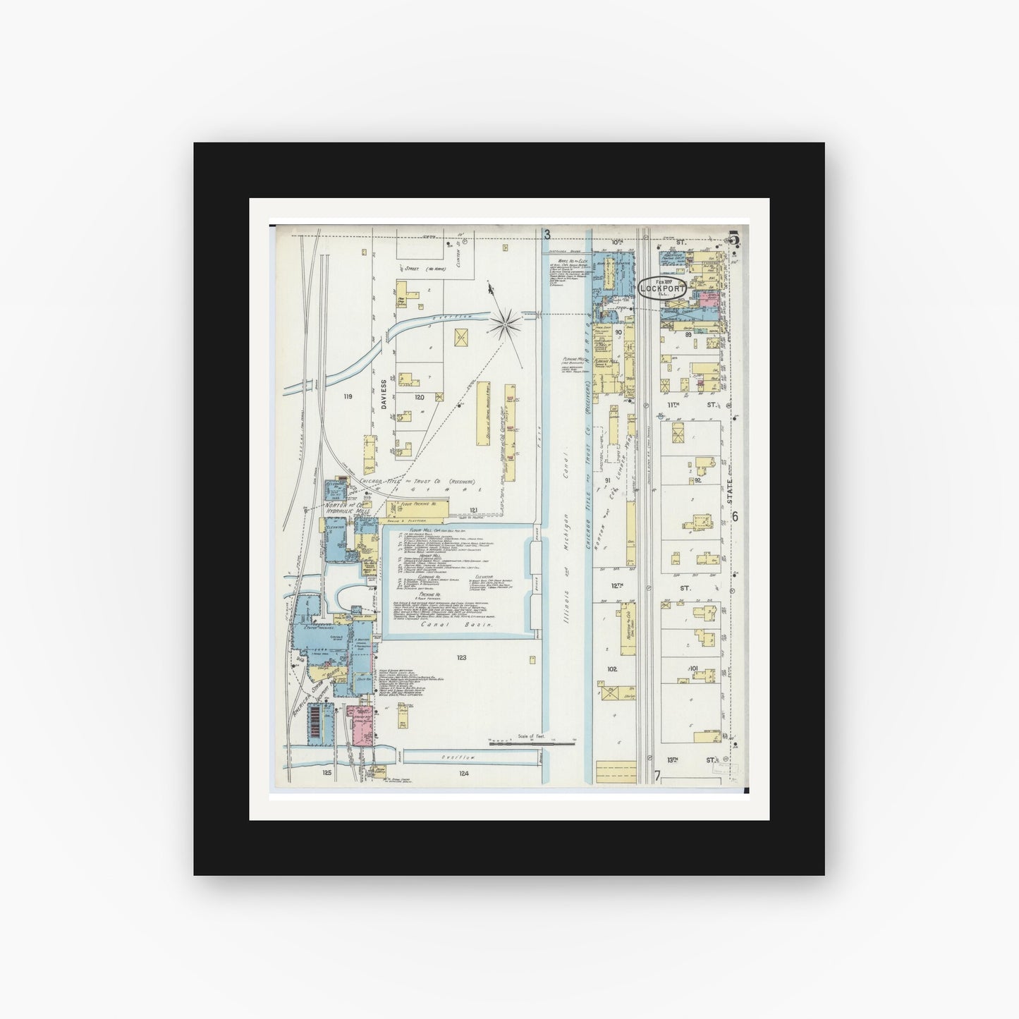 Old map wall art mockup — black gallery frame with white mat — Sanborn Fire Insurance Map from Lockport, Will County, Illinois (1897), Sheet #0005