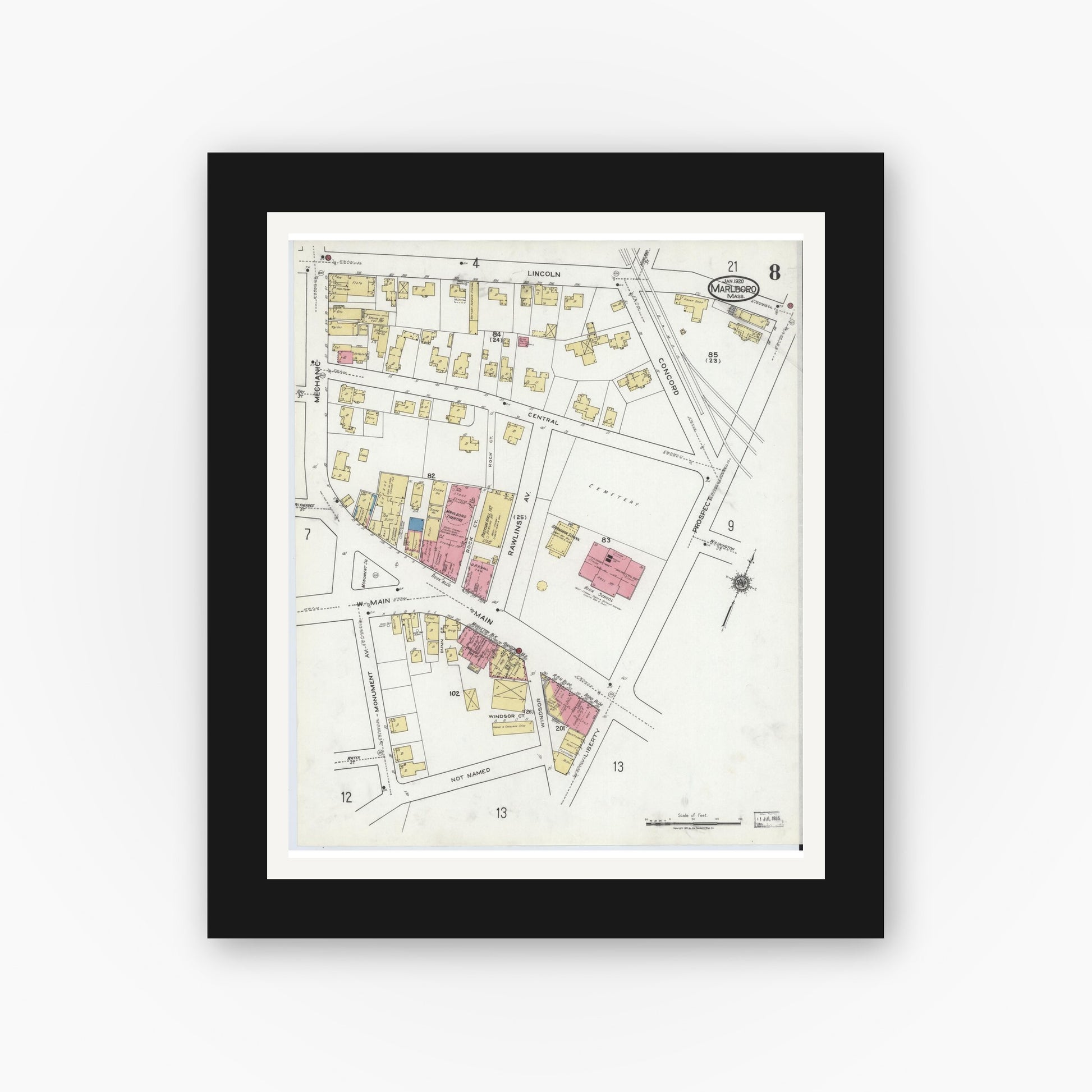Old map wall art mockup — black gallery frame with white mat — Sanborn Fire Insurance Map from Marlborough, Middlesex County, Massachusetts (1920), Sheet #0008