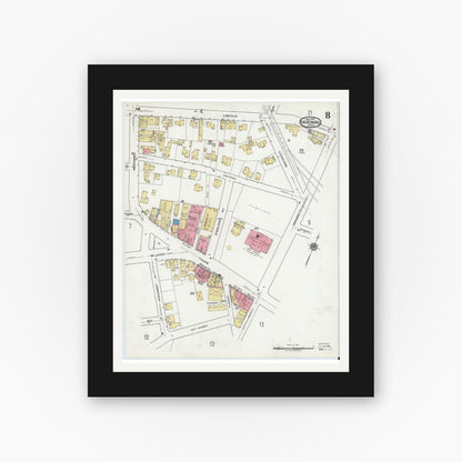 Old map wall art mockup — black gallery frame with white mat — Sanborn Fire Insurance Map from Marlborough, Middlesex County, Massachusetts (1920), Sheet #0008