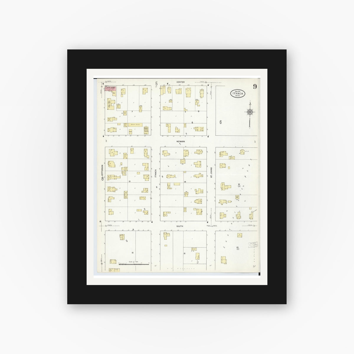 Old map wall art mockup — black gallery frame with white mat — Sanborn Fire Insurance Map from Ithaca, Gratiot County, Michigan (1911), Sheet #0009