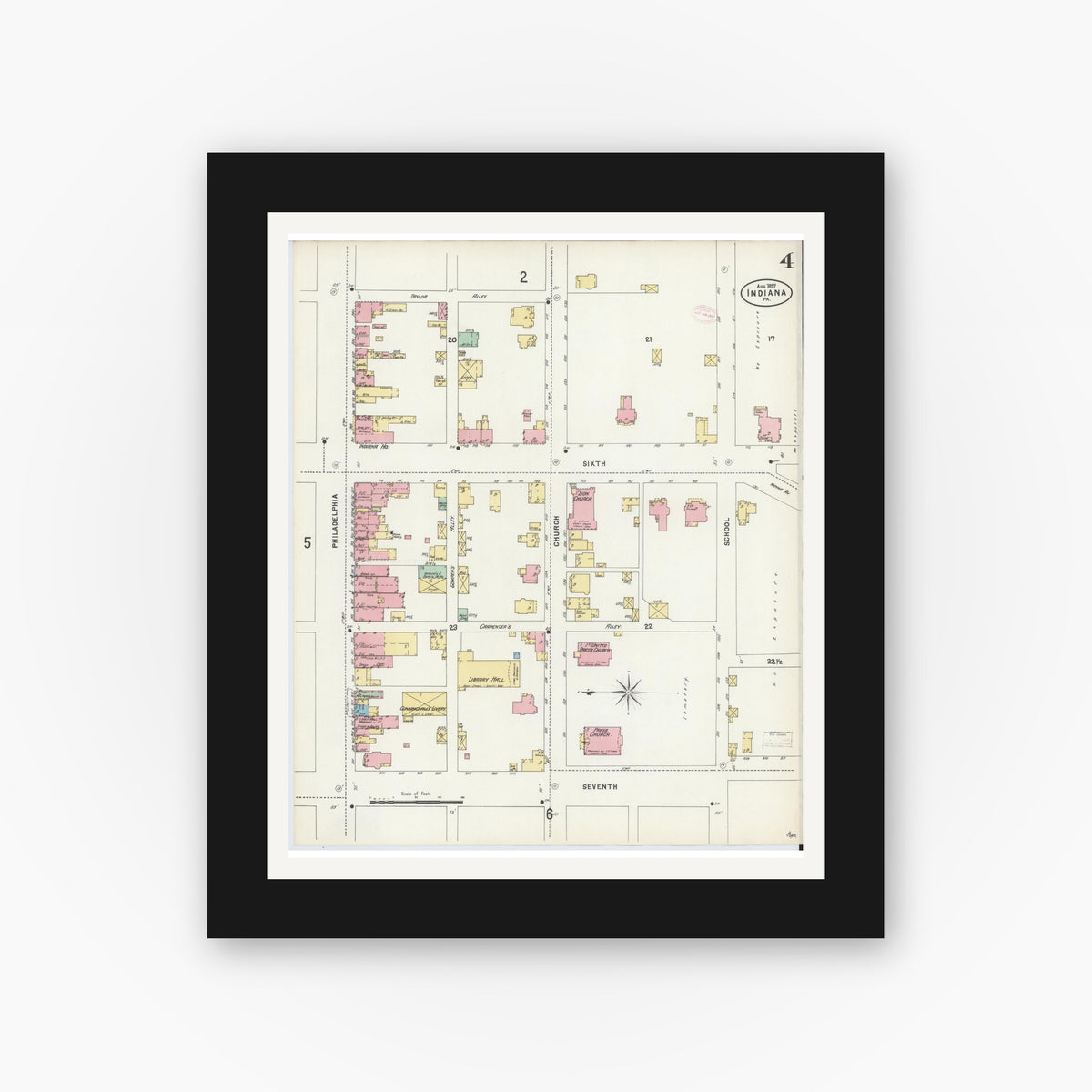 Old map wall art mockup — black gallery frame with white mat — Sanborn Fire Insurance Map from Indiana, Indiana County, Pennsylvania (1888), Sheet #0004