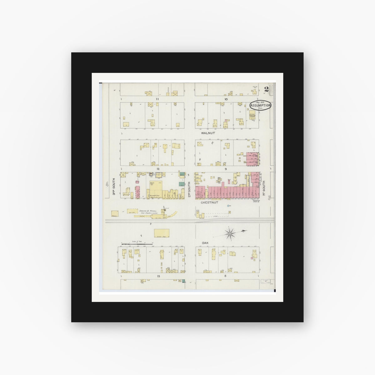 Old map wall art mockup — black gallery frame with white mat — Sanborn Fire Insurance Map from Assumption, Christian County, Illinois (1893), Sheet #0002