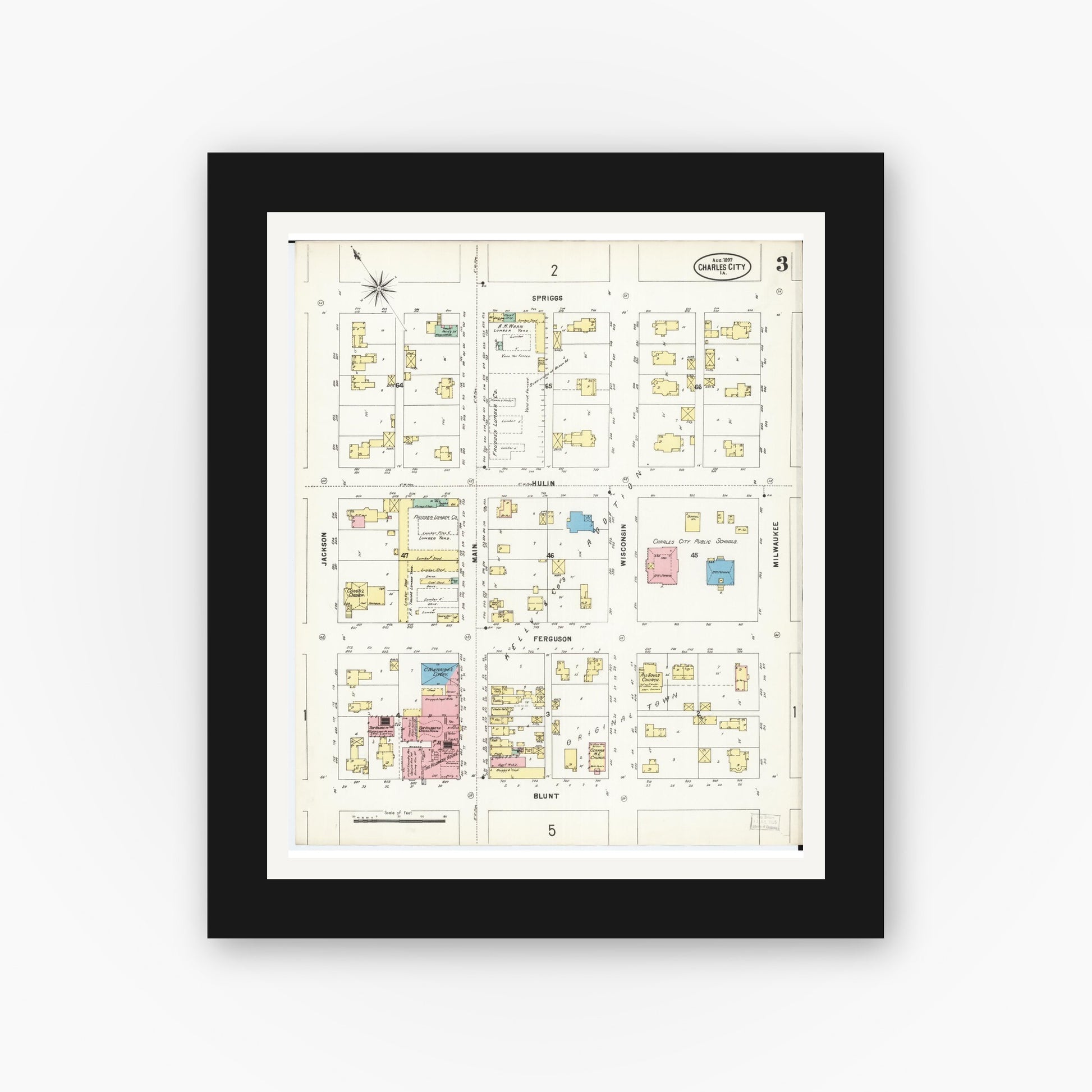 Old map wall art mockup — black gallery frame with white mat — Sanborn Fire Insurance Map from Charles City, Floyd County, Iowa (1897), Sheet #0003