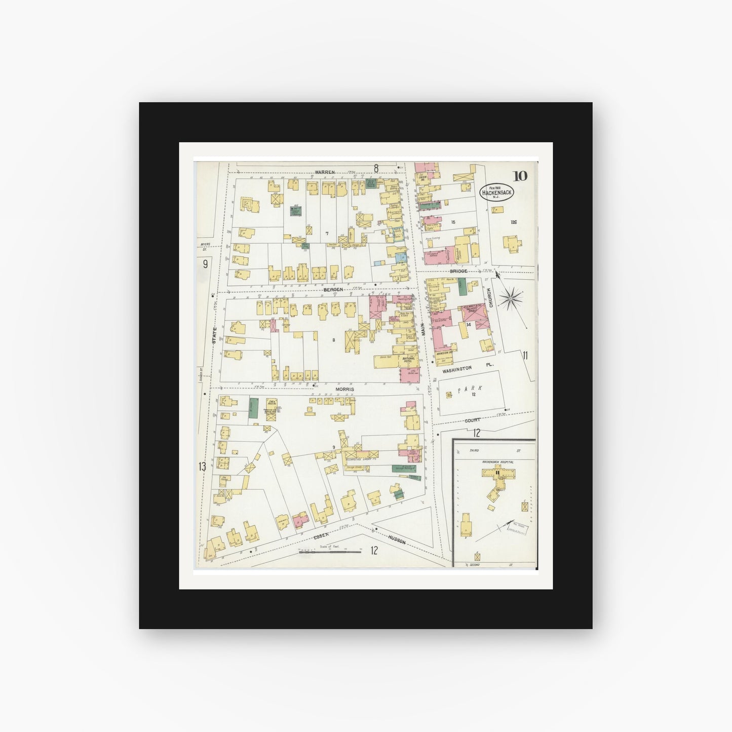 Old map wall art mockup — black gallery frame with white mat — Sanborn Fire Insurance Map from Hackensack, Bergen County, New Jersey (1902), Sheet #0010