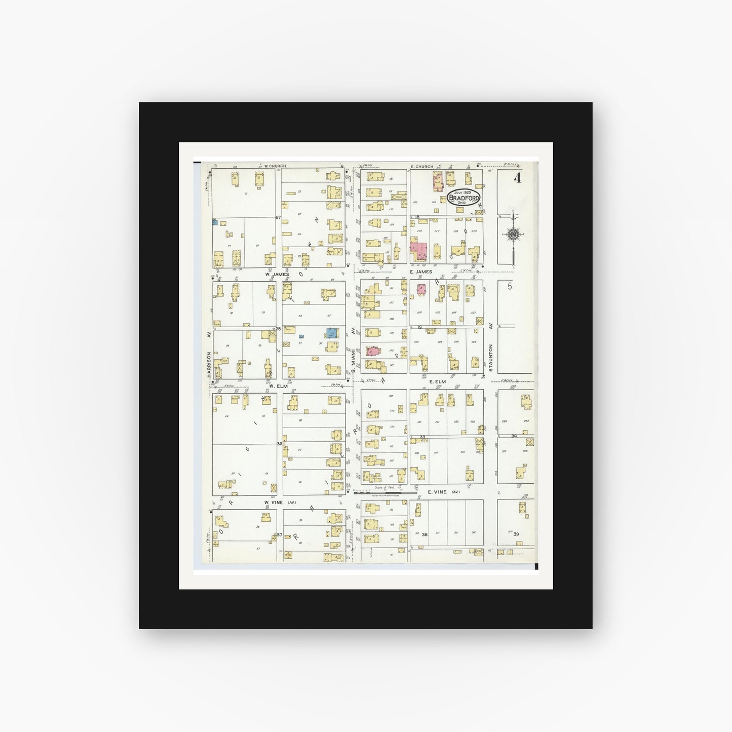 Old map wall art mockup — black gallery frame with white mat — Sanborn Fire Insurance Map from Bradford, Darke and Miami Counties, Ohio (1920), Sheet #0004
