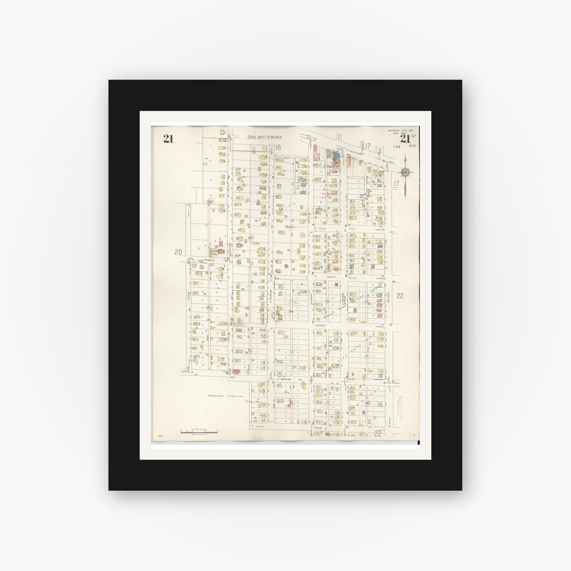 Old map wall art mockup — black gallery frame with white mat — Sanborn Fire Insurance Map from Michigan City, La Porte County, Indiana (1948), Sheet #0021