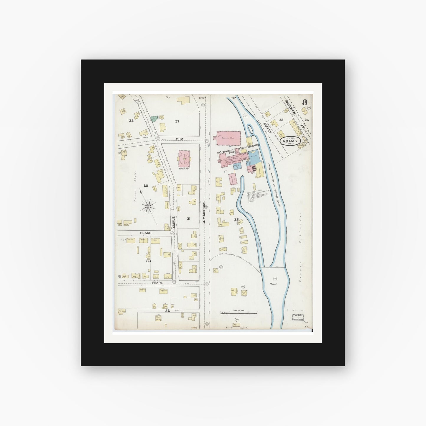 Old map wall art mockup — black gallery frame with white mat — Sanborn Fire Insurance Map from Adams, Berkshire County, Massachusetts (1889), Sheet #0008