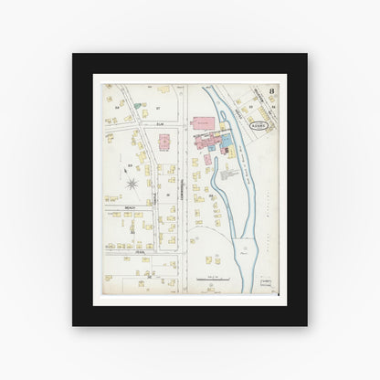 Old map wall art mockup — black gallery frame with white mat — Sanborn Fire Insurance Map from Adams, Berkshire County, Massachusetts (1889), Sheet #0008